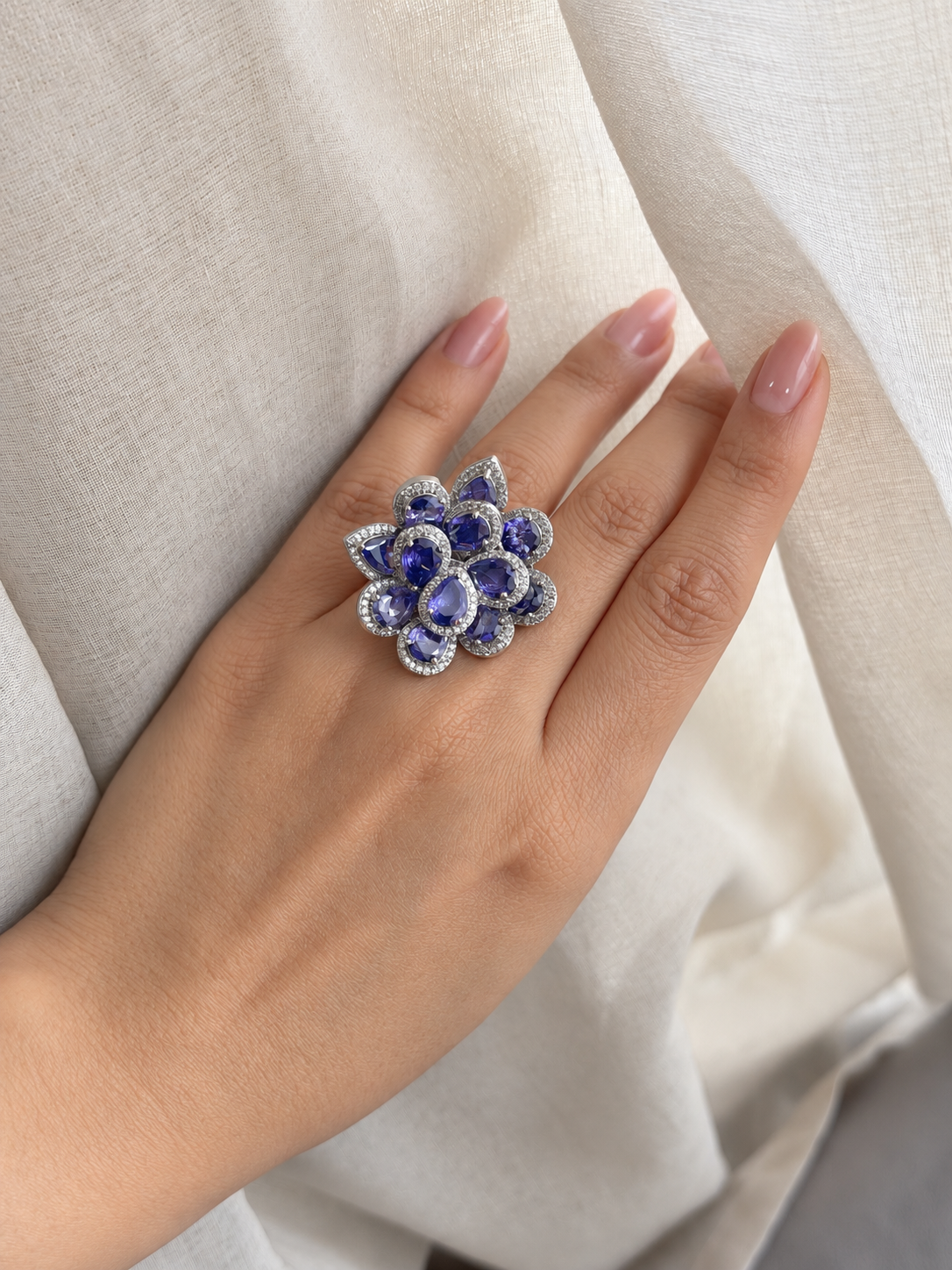 Sanya Floral Amethyst and Zircon Adjustable Imitation Ring