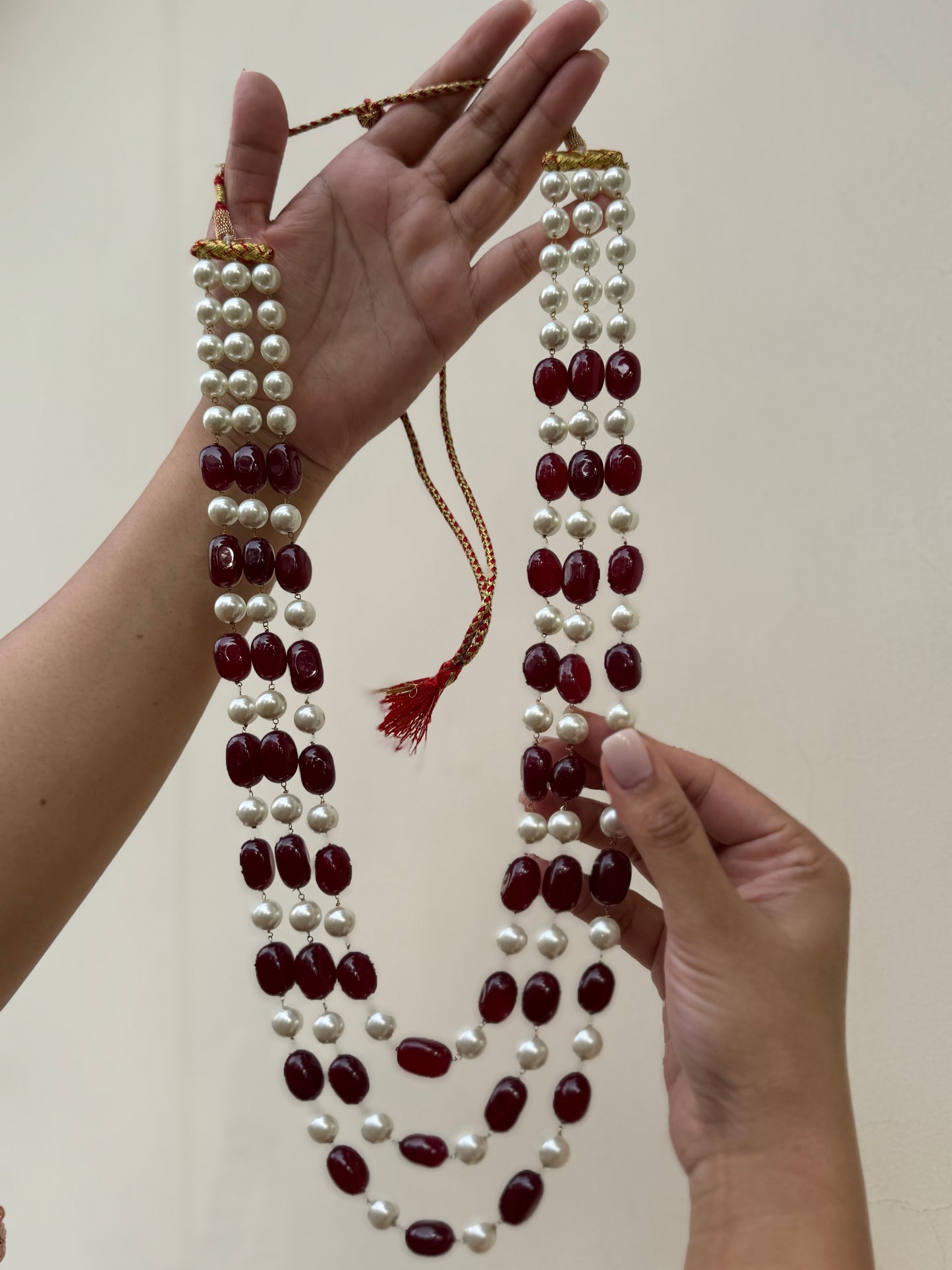 Swastik Red Onyx and Pearl Mala Necklace