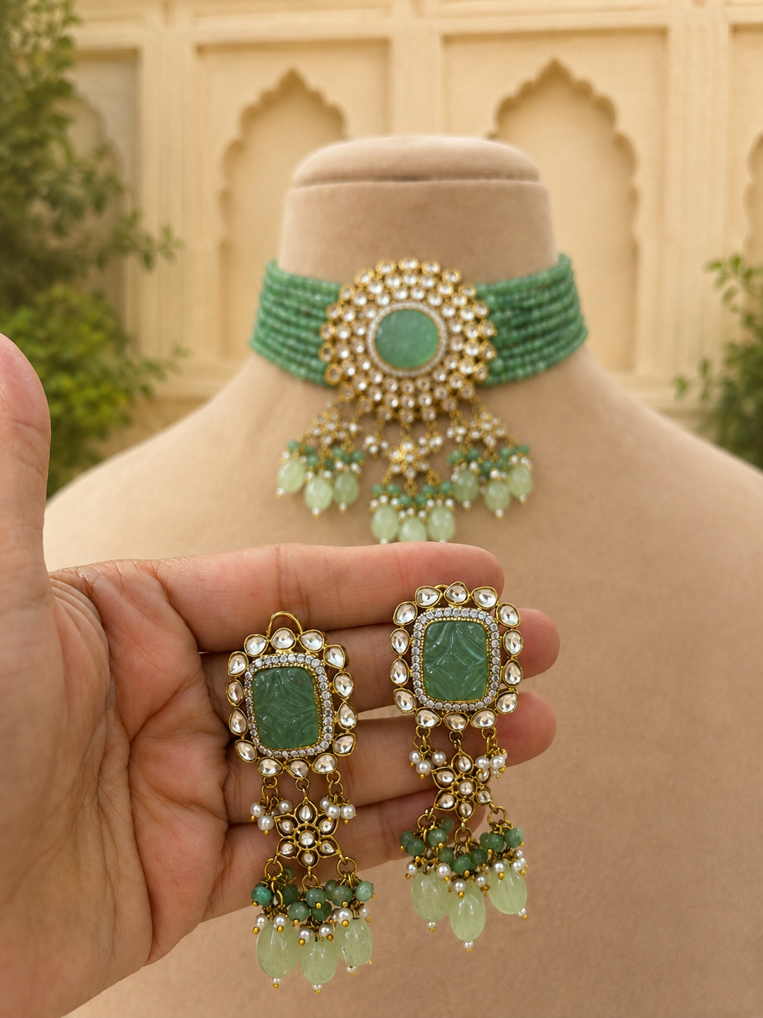 Vaarna Kundan Jadau Green Jade Choker Necklace Set