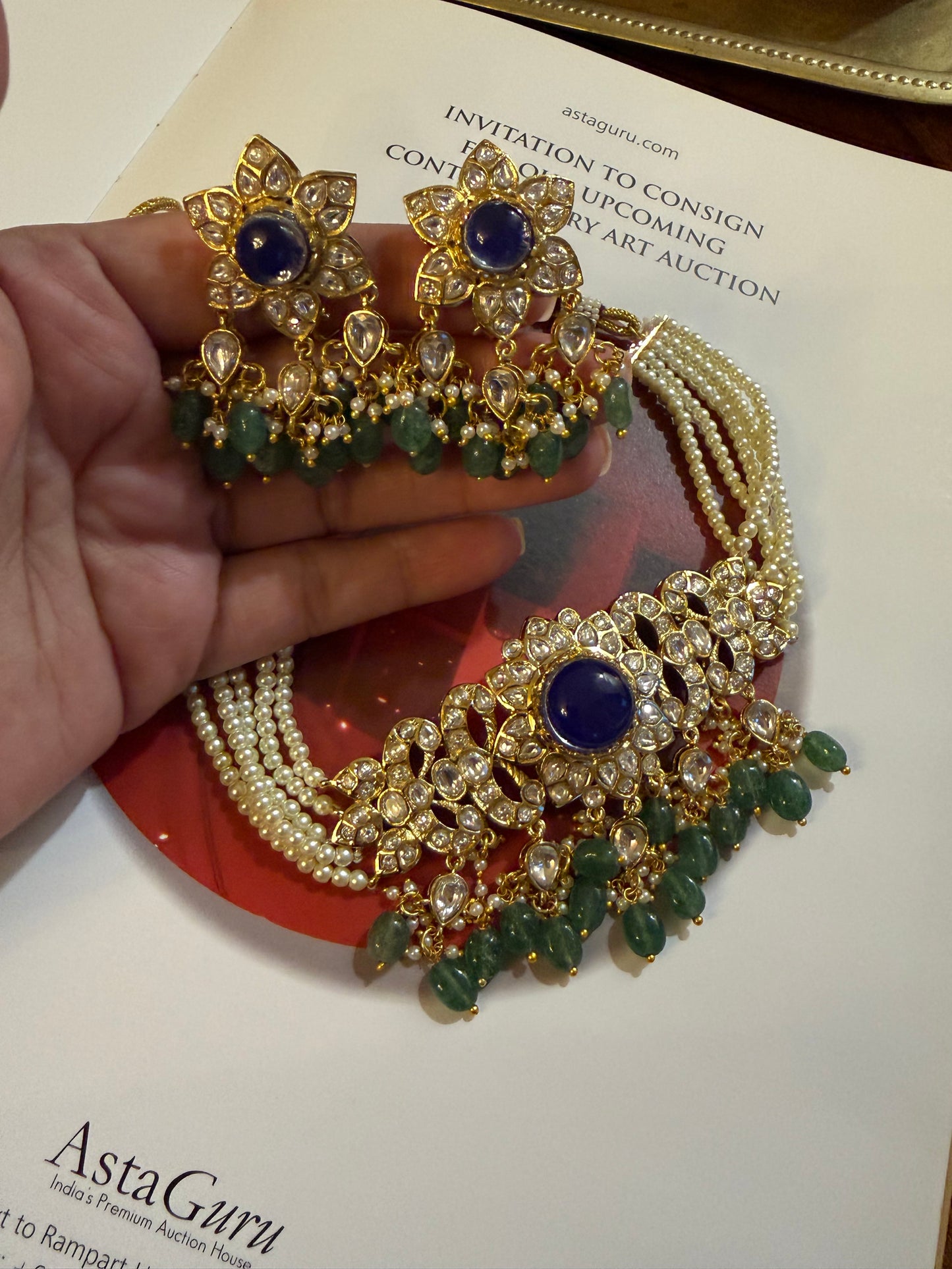 Roshala Blue Green Emerald Polki Festive Choker Necklace Set for Women