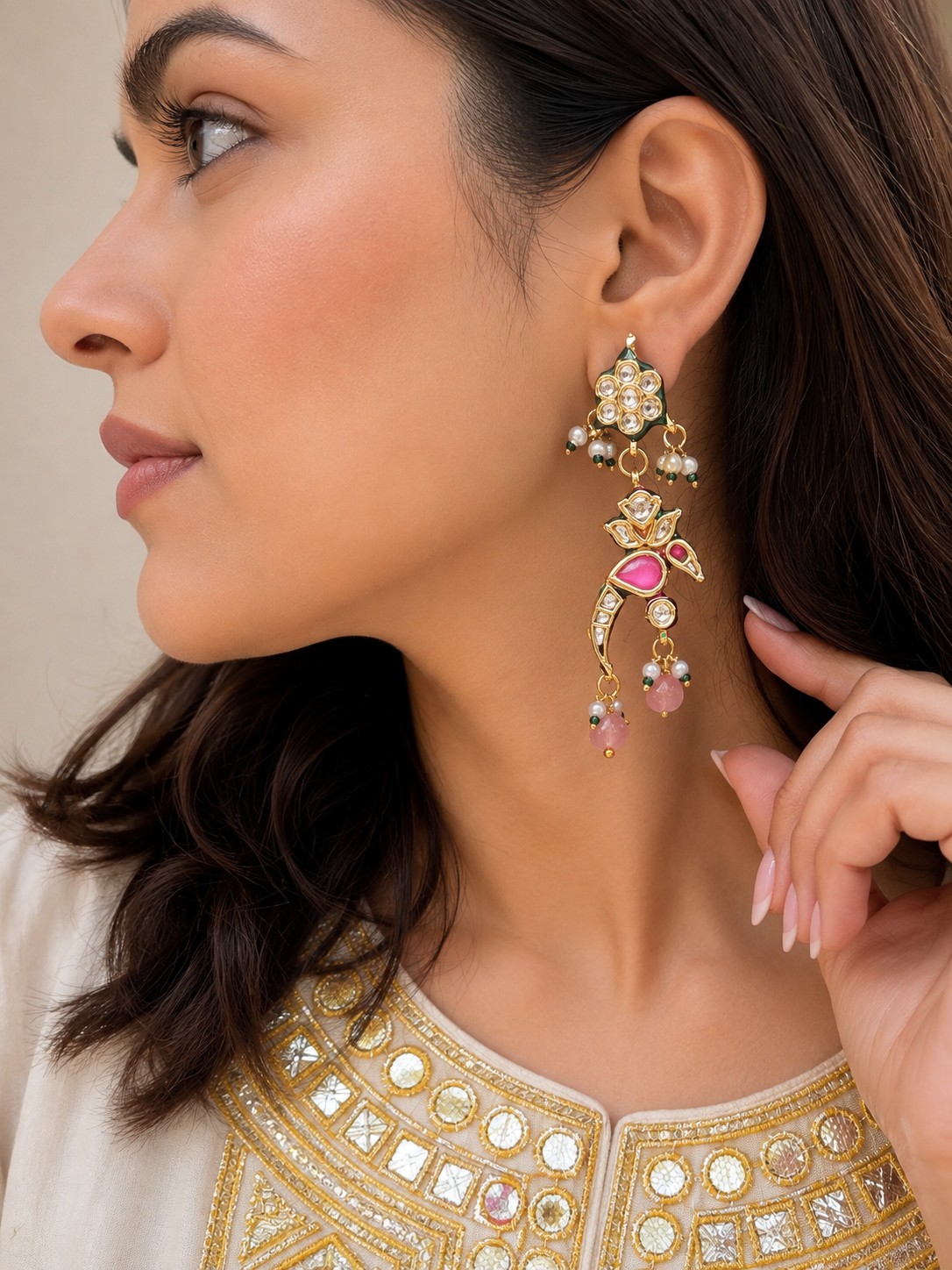 Poorna Pink Kundan Bird Earrings