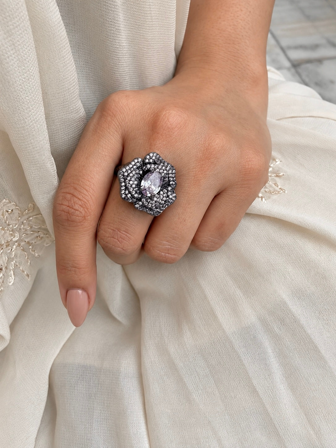 Rosette Lavender Floral Adjustable Zircon Ring in Black Polish