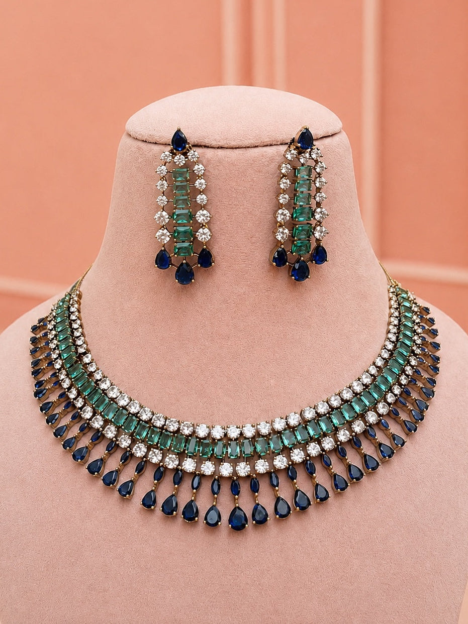 Karina Blue Green American Diamond Necklace Set for Women for Festive and Bridal Wear