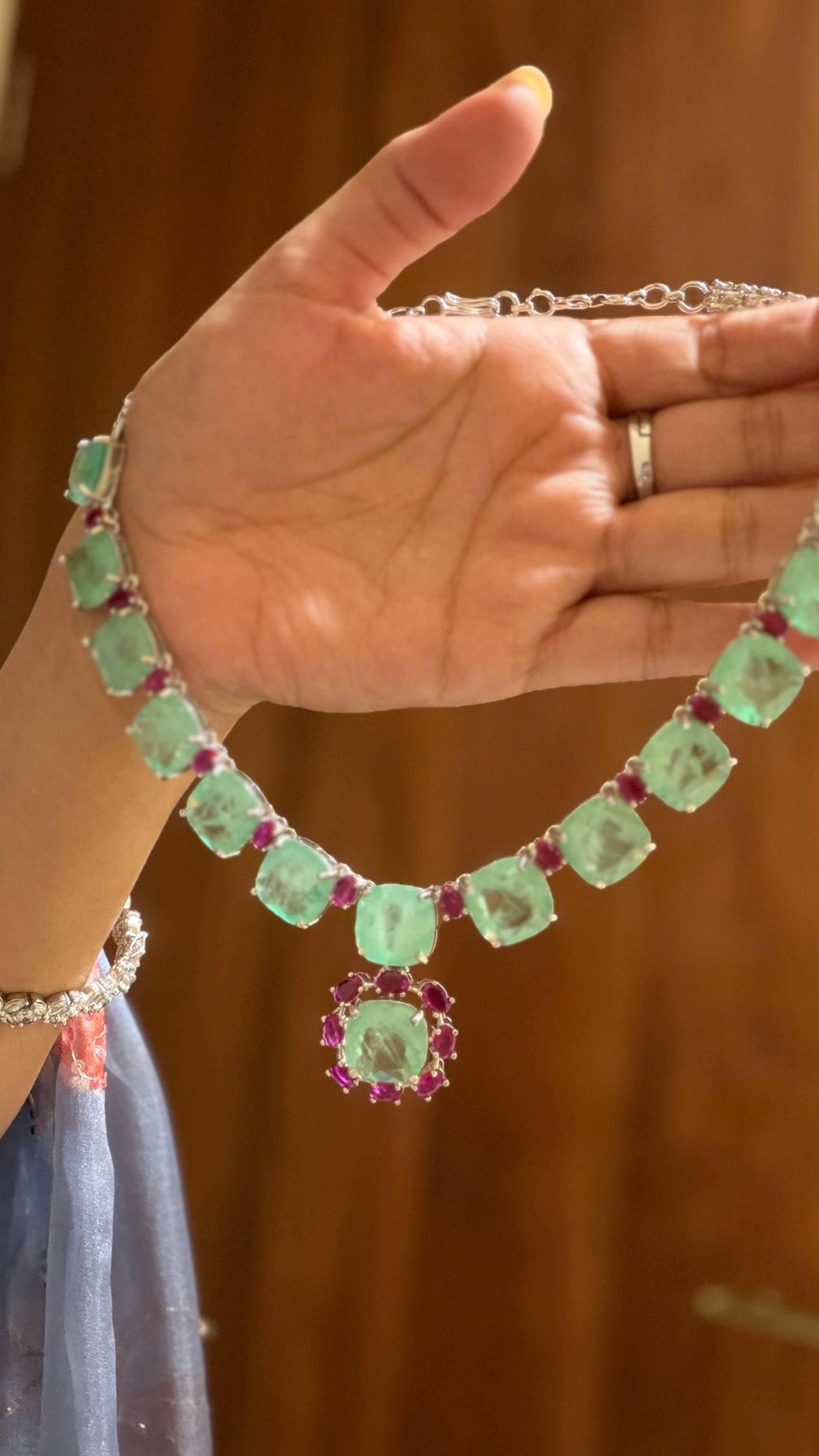 Rehmat Russian Emerald Colour Necklace Set with Zircon and Ruby