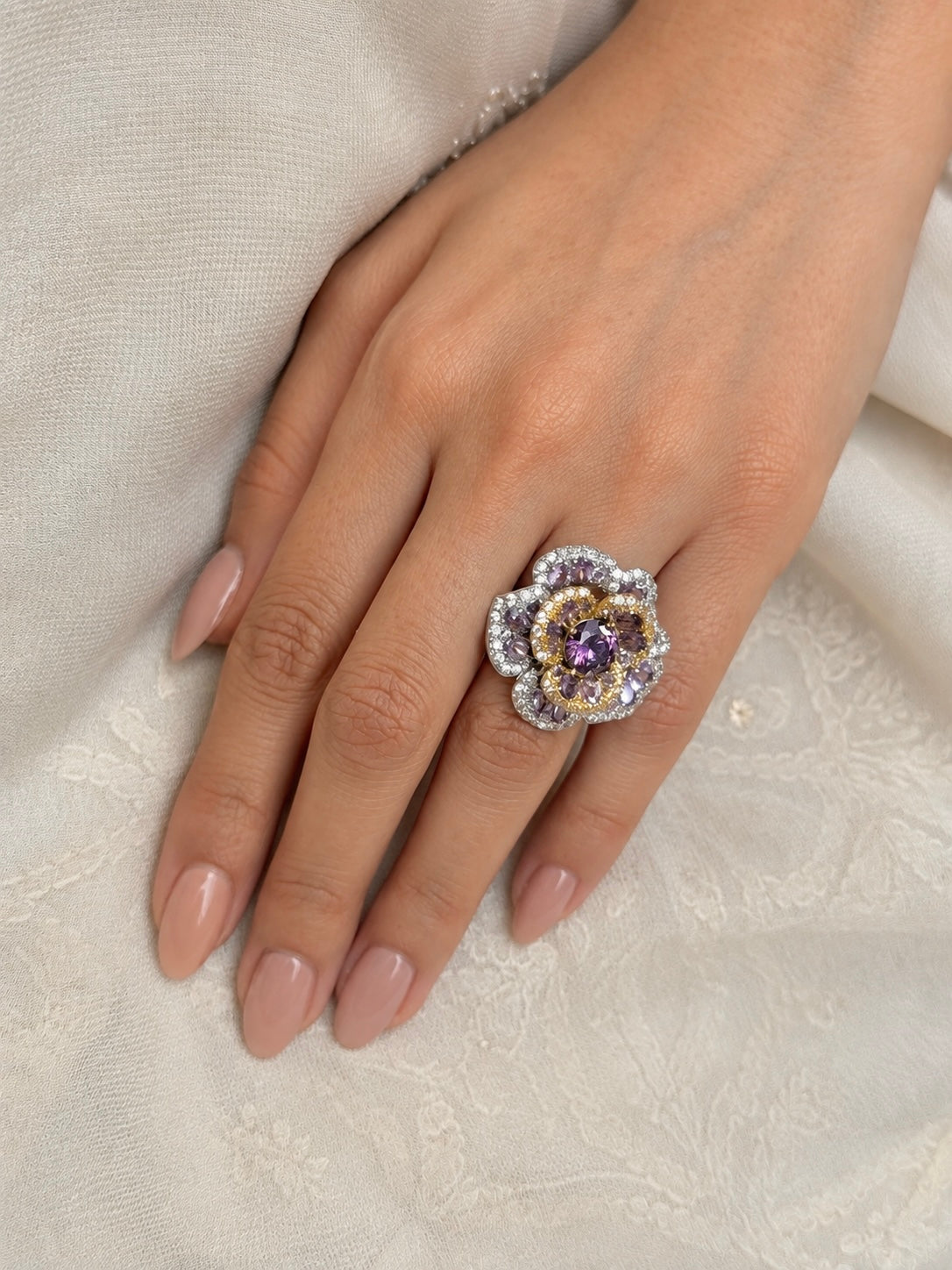 Fiori Floral Purple Two Tone Adjustable Ring