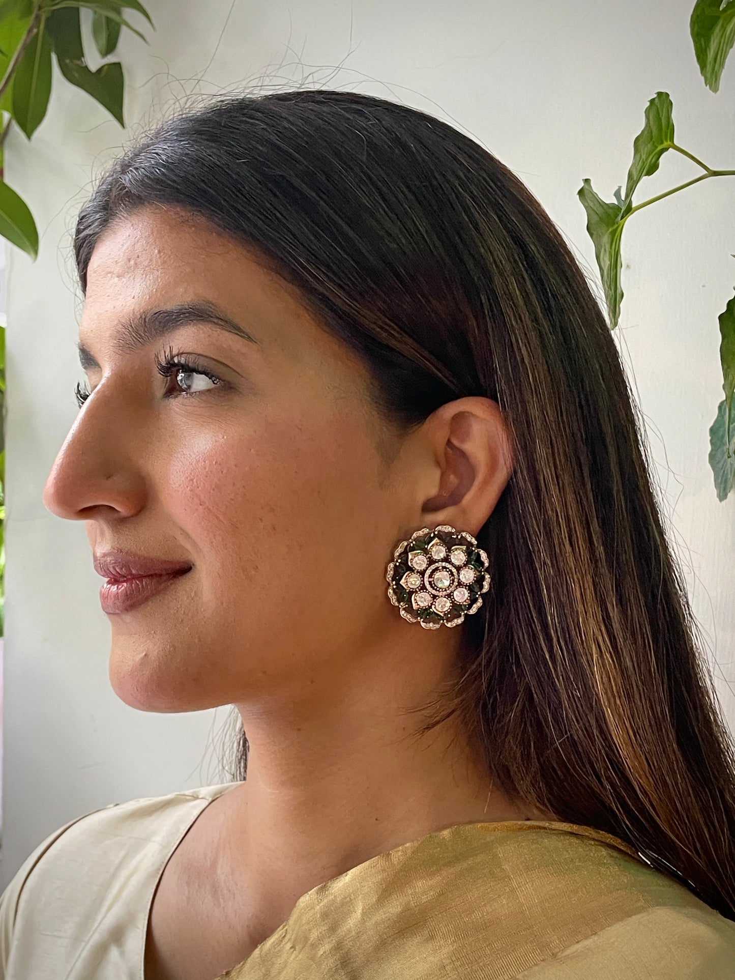 Jharna Round Emerald Studs
