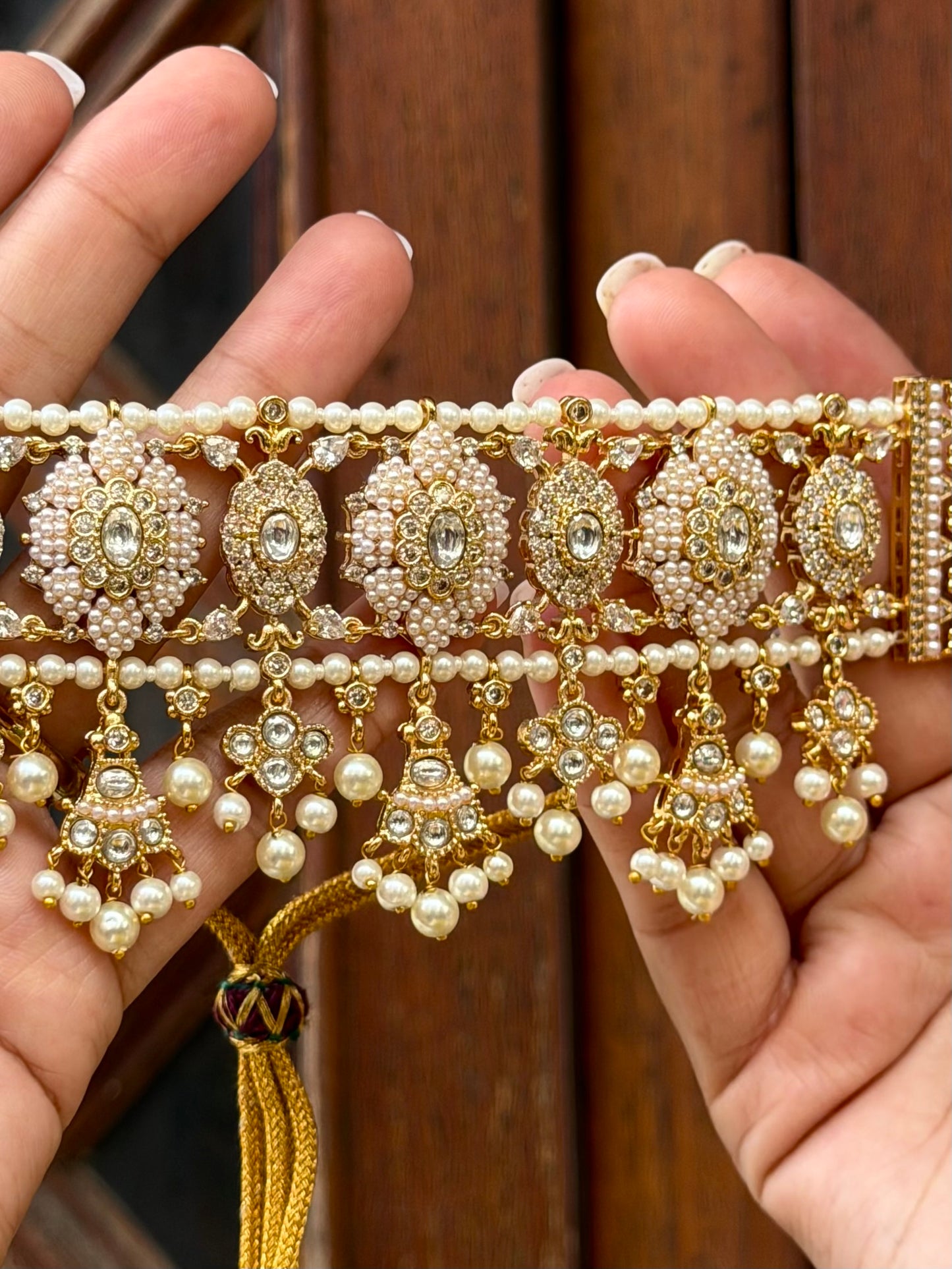Amreen Polki Kundan & Pearl Real Gold Look Choker Necklace Set