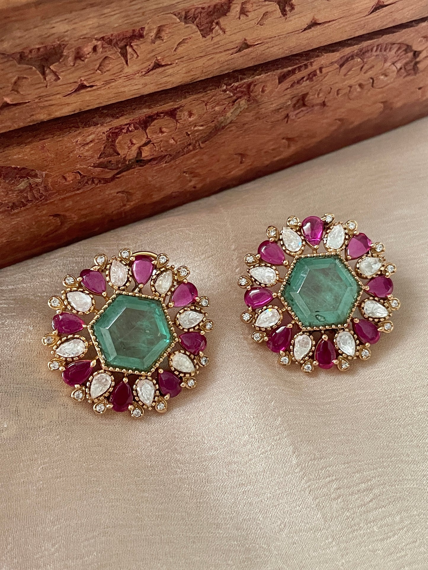 Ameen Emerald Ruby Stud Earrings