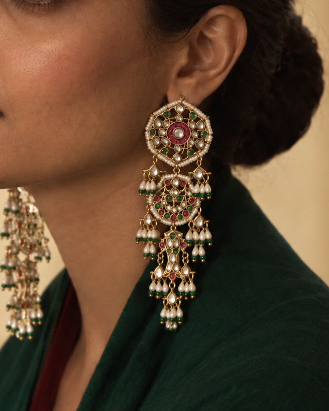 Laal Hari Magar Jodi Kundan Jadau Real Gold Look Earrings