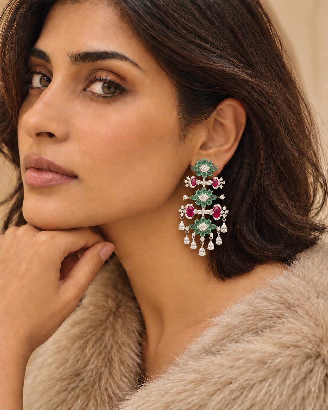 Sahana faux Aqua Green Pariba Earrings with Ruby and Zircon
