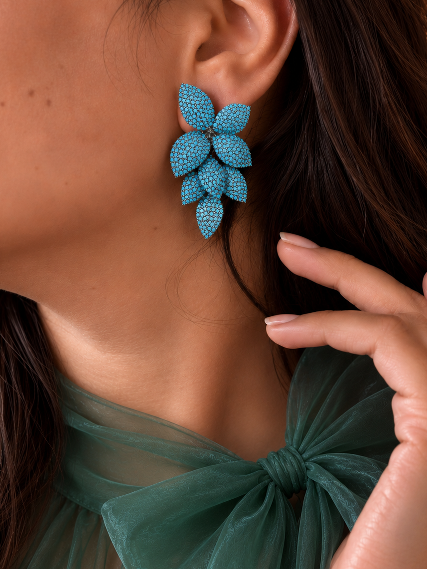 Farah Turquoise Blue Leaf Diamond Earrings for Party and Cocktail