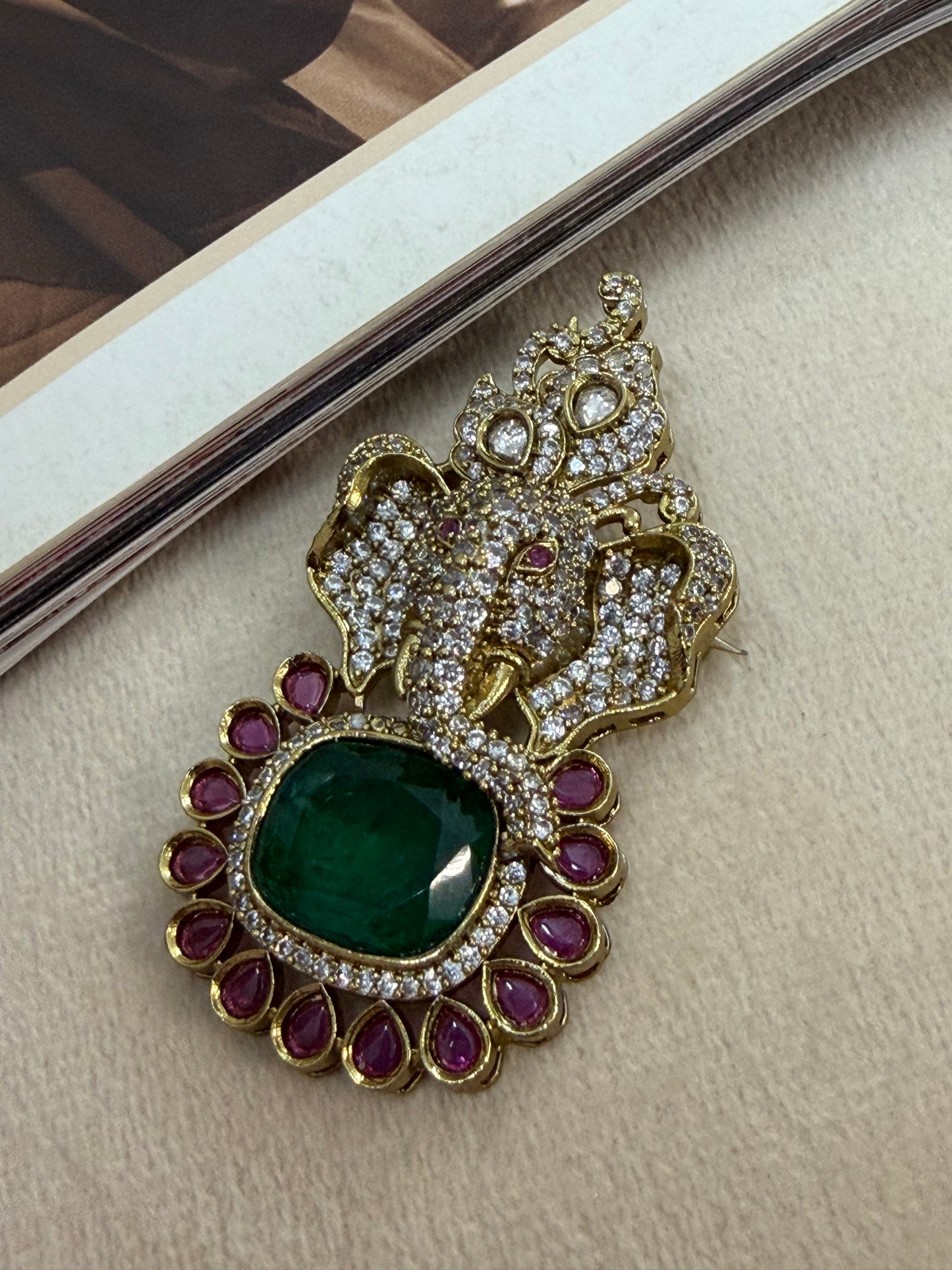 Ganpati Emerald Flower Mens Brooch with Premium American Diamond for Wedding and Festive Wear