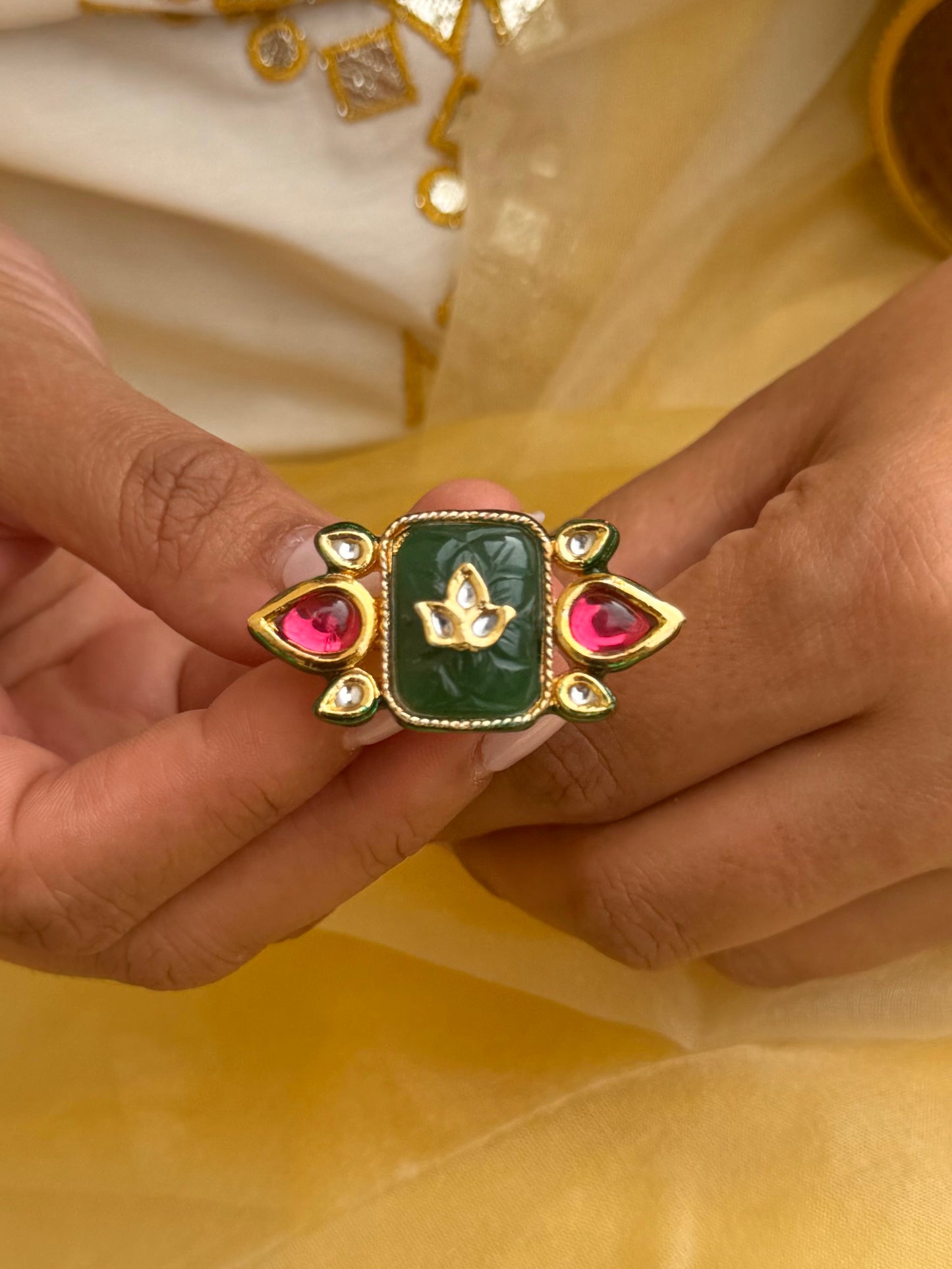 Durla Carved Emerald Adjustable Kundan Ring