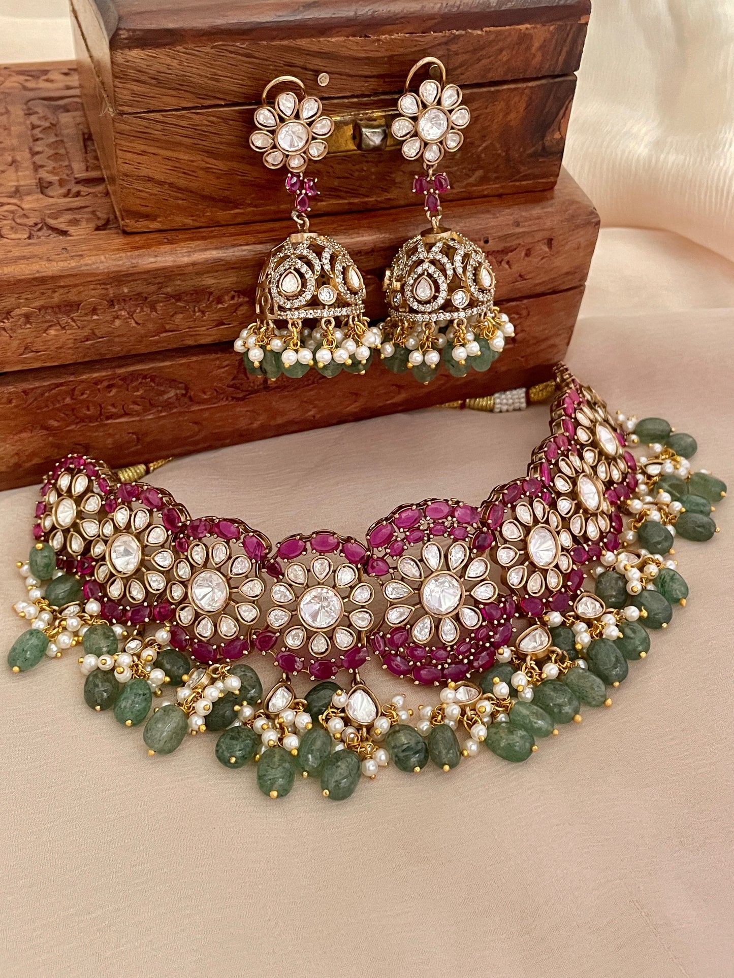 Gulistaan Ruby Emerald Necklace Set- Made to Order