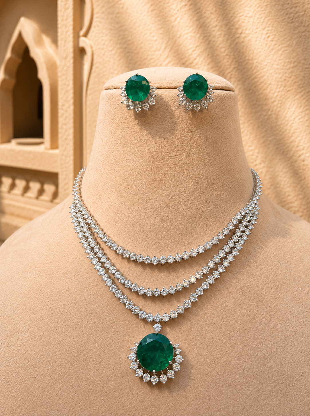 Sarina American Diamond Layered Necklace with Emerald Set for Women for Festive and Wedding Wear