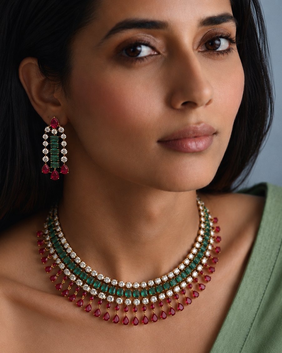 Karina Ruby Emerald American Diamond Necklace Set for Women for Festive and Bridal Wear