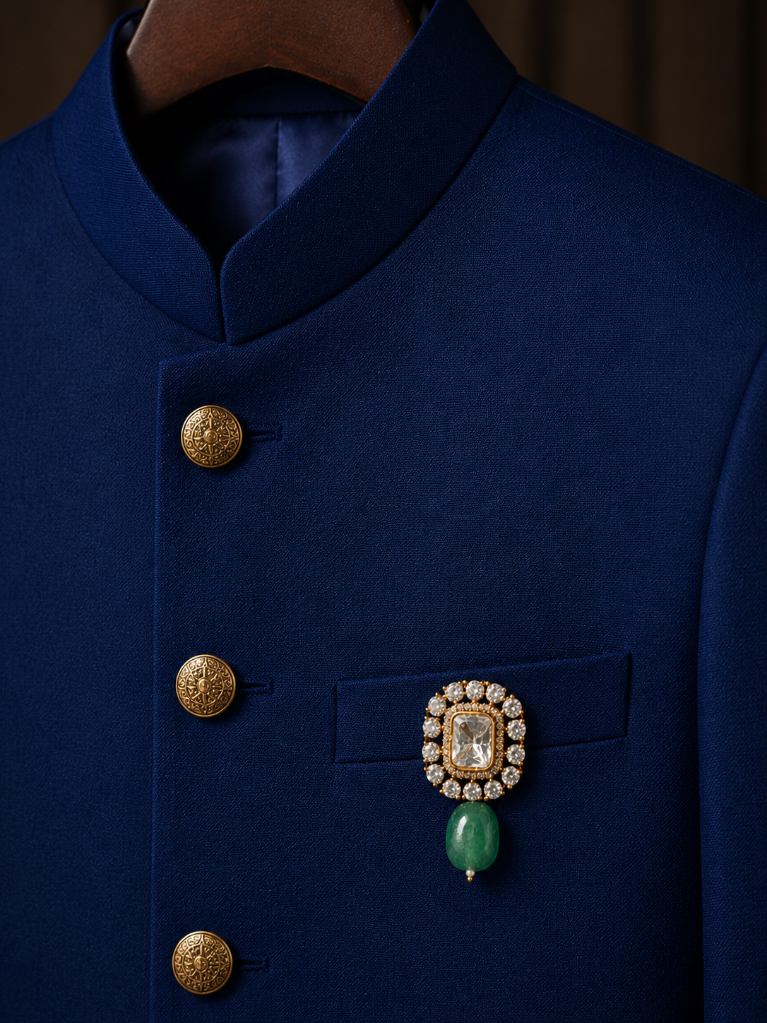 Samrat Men's Brooch – Emerald Green & Polki Stones for Wedding & Festive Wear