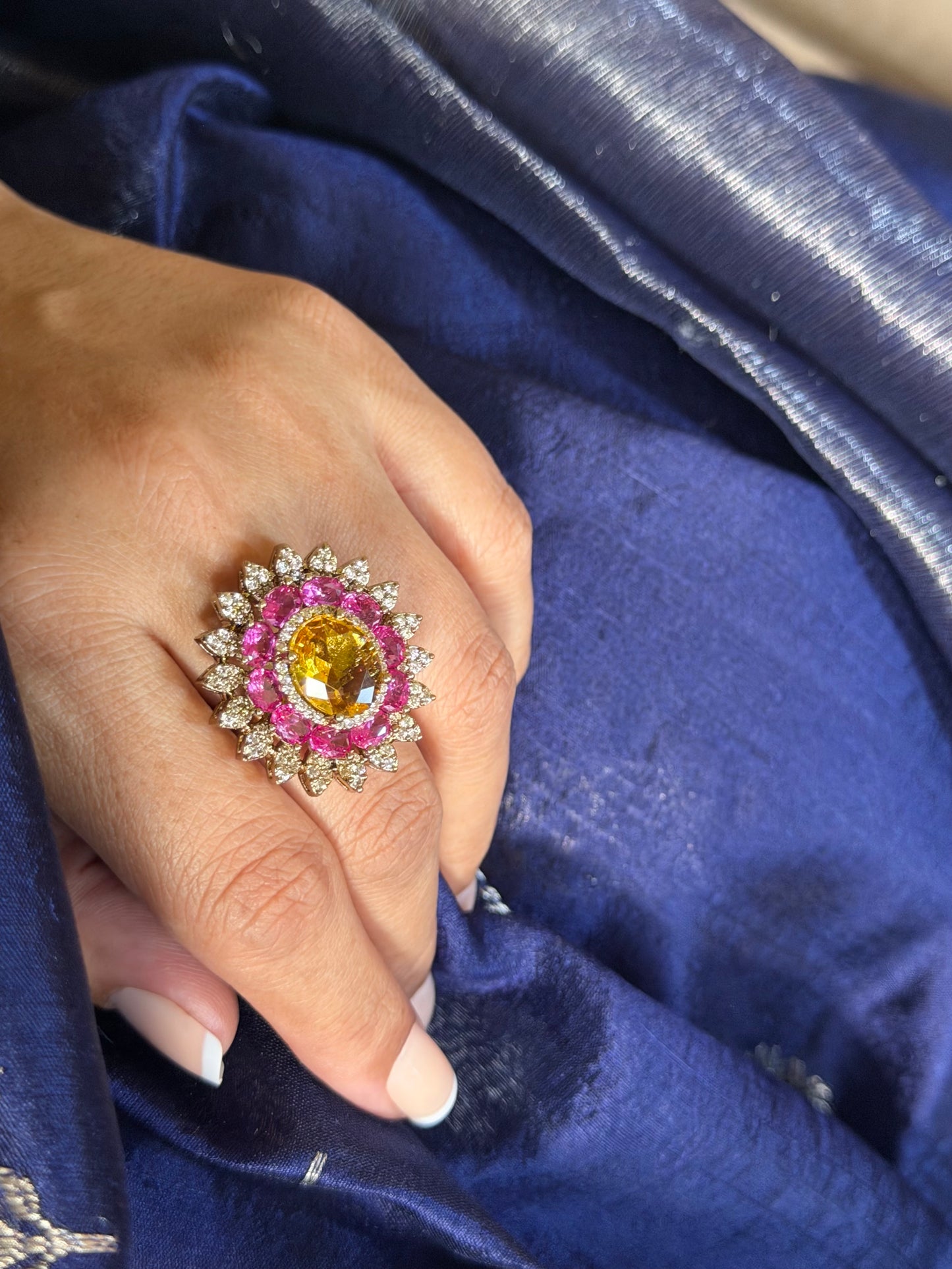 Saleena Multicolour Flower Yellow and Pink Sapphire Ring for women in Dull Gold Polish