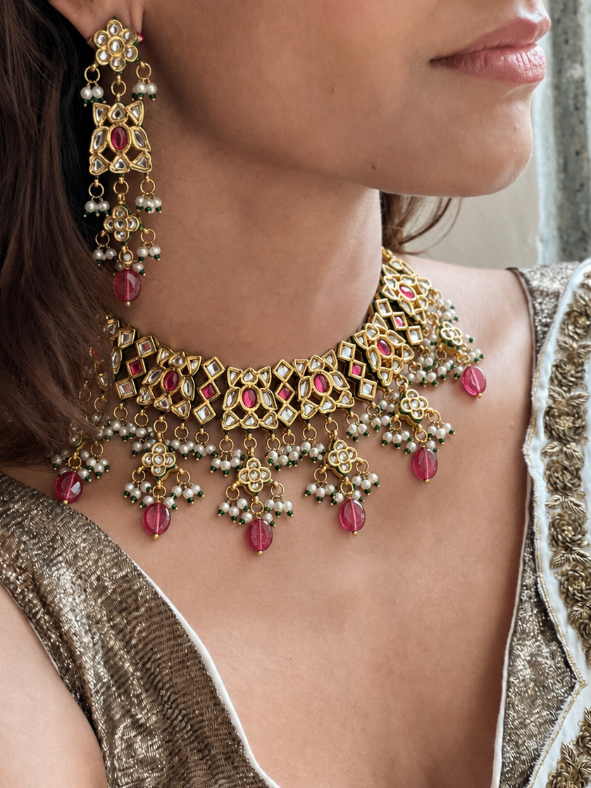 Kadambari Pink Ruby Kundan Necklace Set for Women for Festive and Bridal Wear