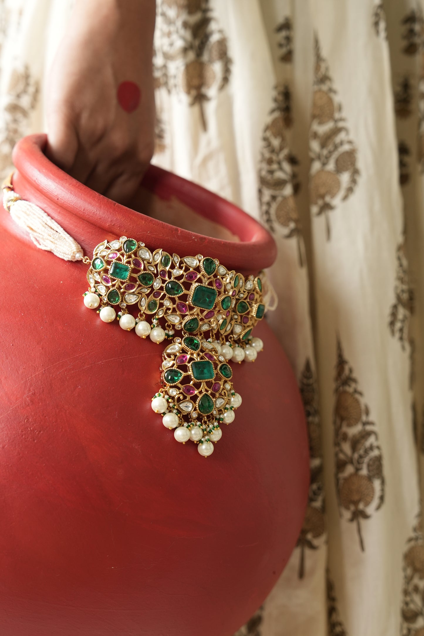 Pre Order - Samira Multi Stone Polki and Pearl Necklace Set