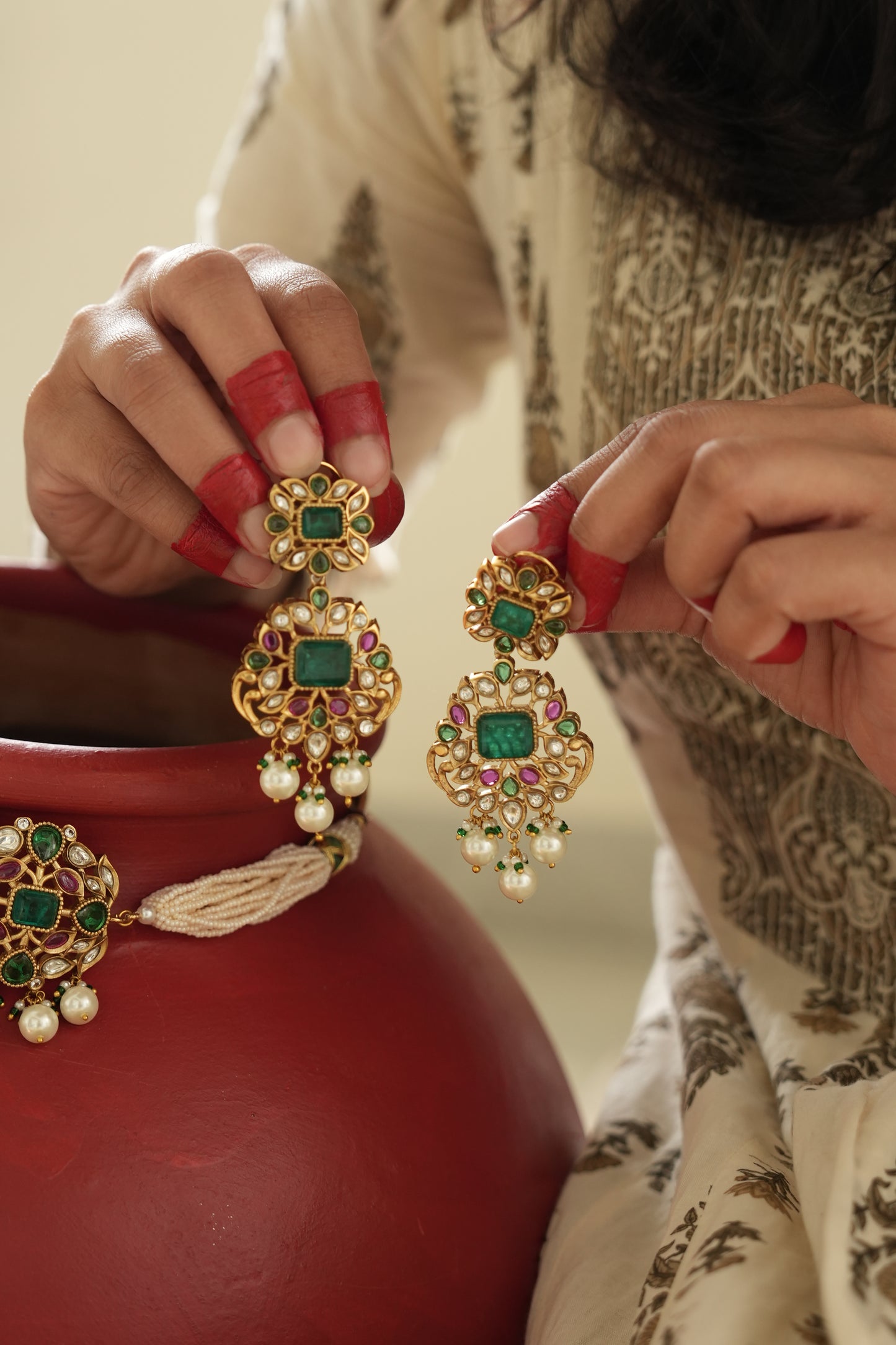 Pre Order - Samira Multi Stone Polki and Pearl Necklace Set
