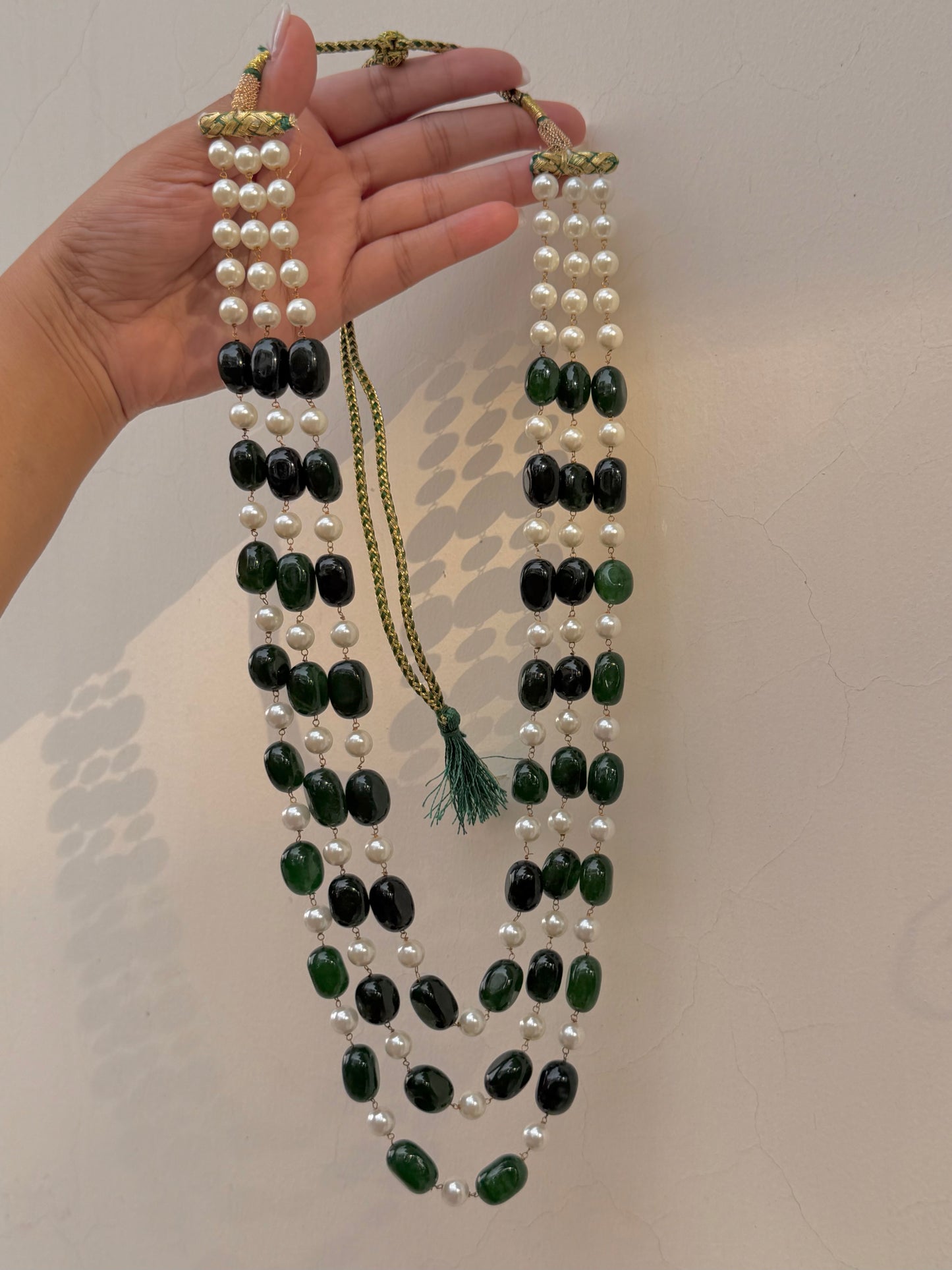 Satlaj Green Onyx and Pearl Mala Necklace