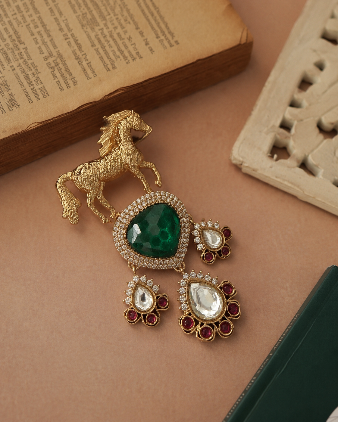 Veer Men's Horse Brooch – Emerald Green & Ruby Red Stones for Wedding & Festive Wear