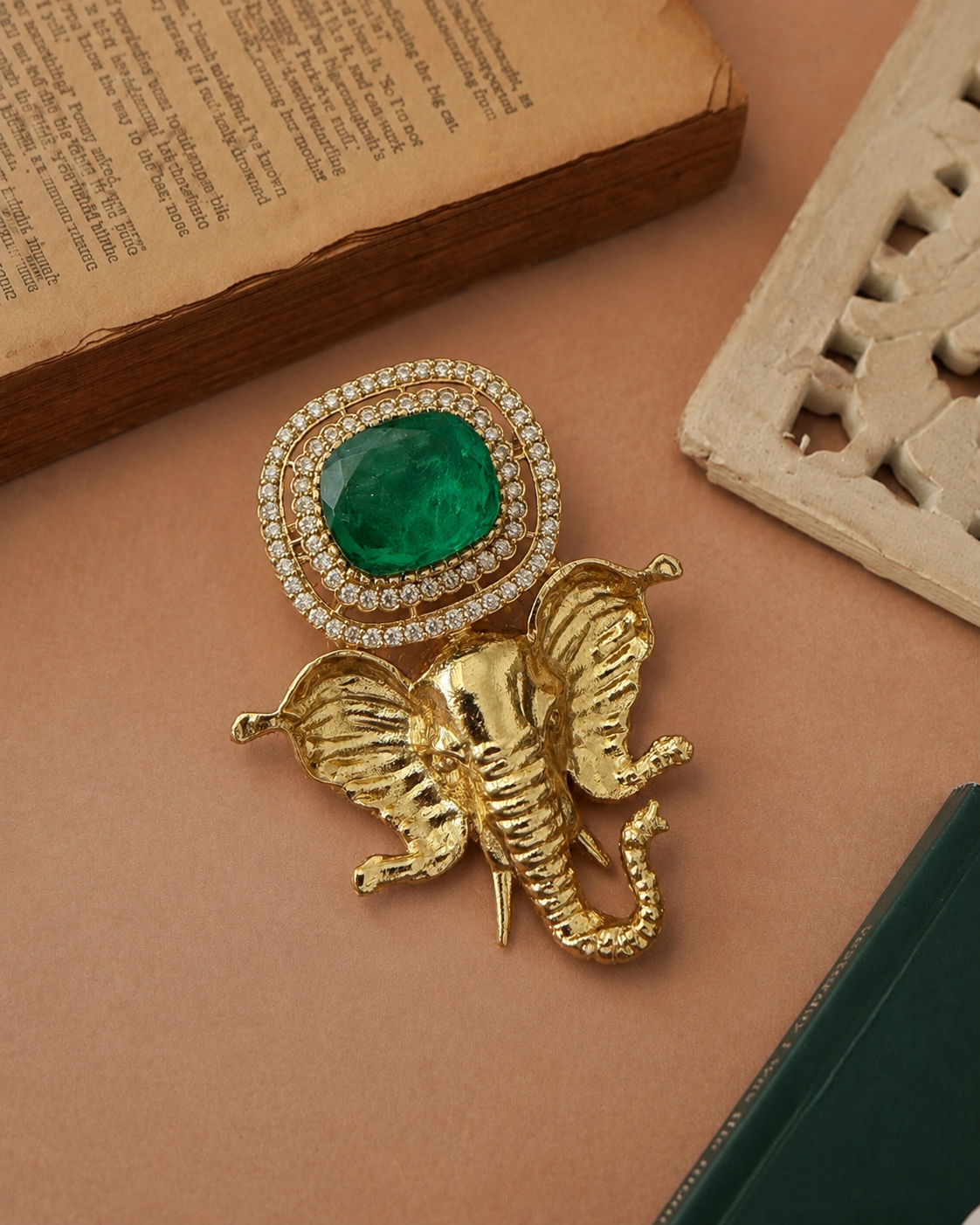 Raghvendra Men's Elephant Brooch – Emerald Green Stones for Wedding & Festive Wear