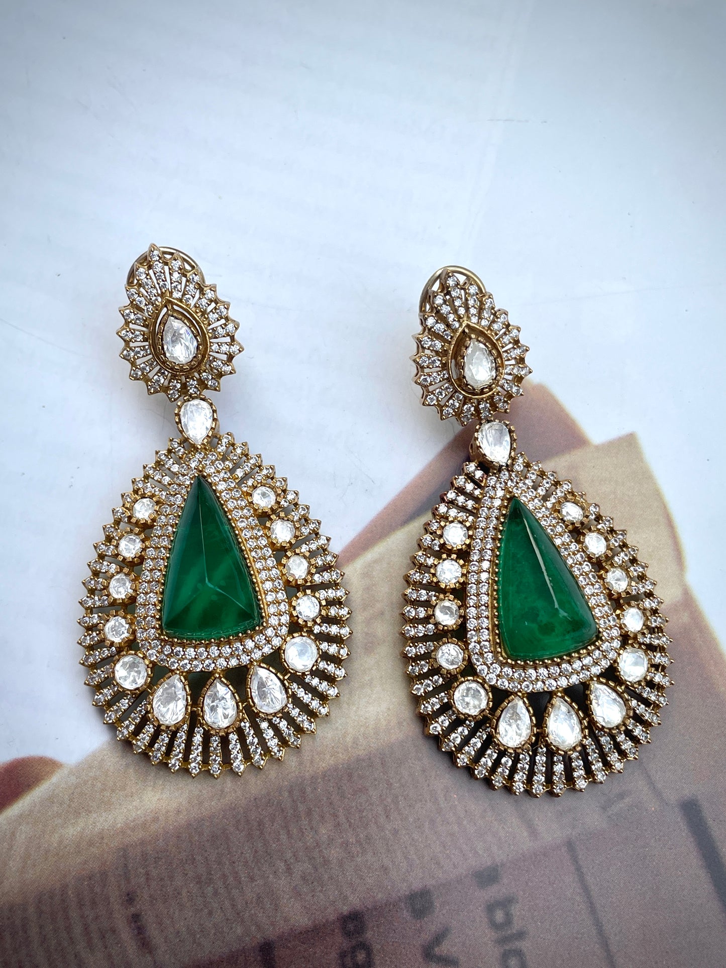 Pre Order- Usha Emerald Moissanite Polki Earrings