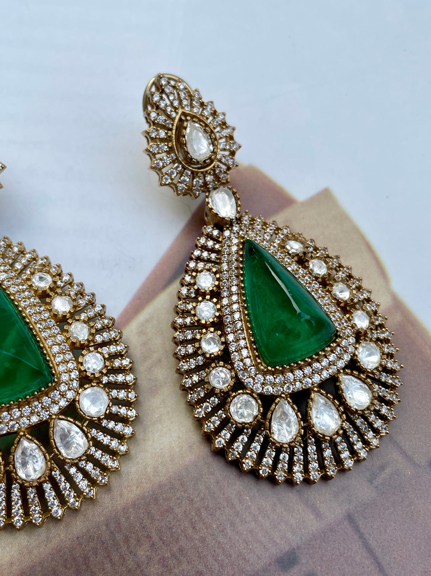 Pre Order- Usha Emerald Moissanite Polki Earrings