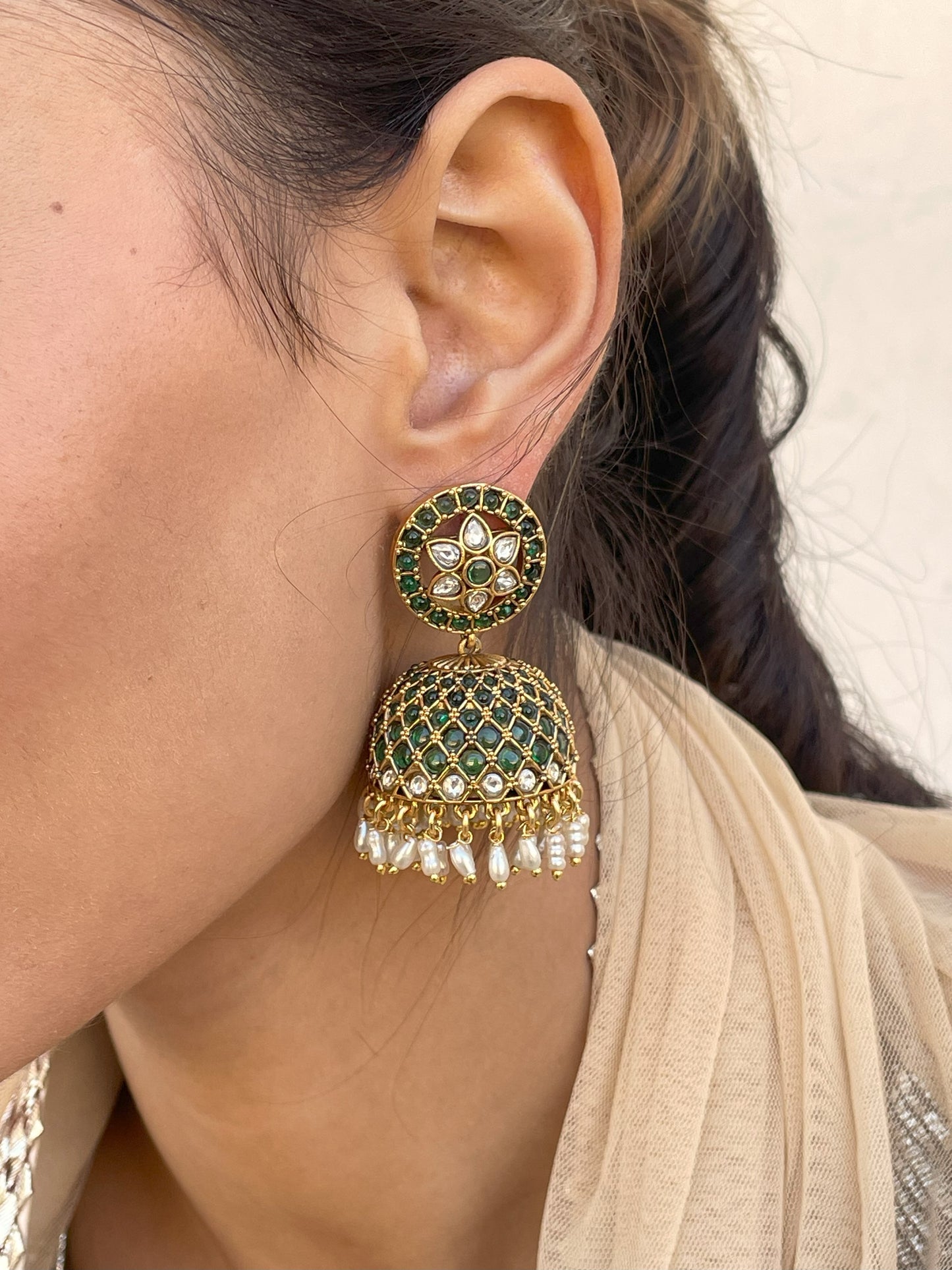 Ruhaaniyat Emerald Jhumki Earrings