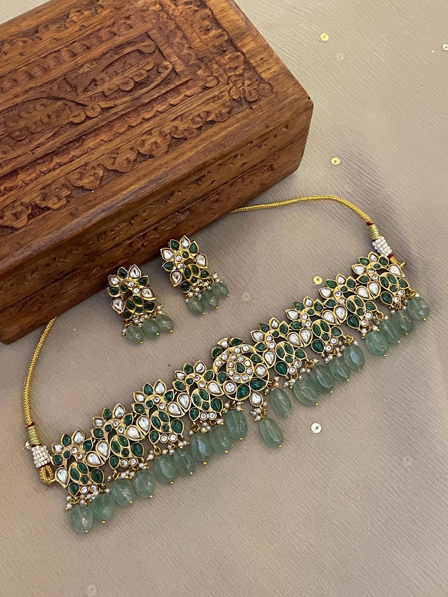 Pre Order – Maheep Polki Necklace Set - Green