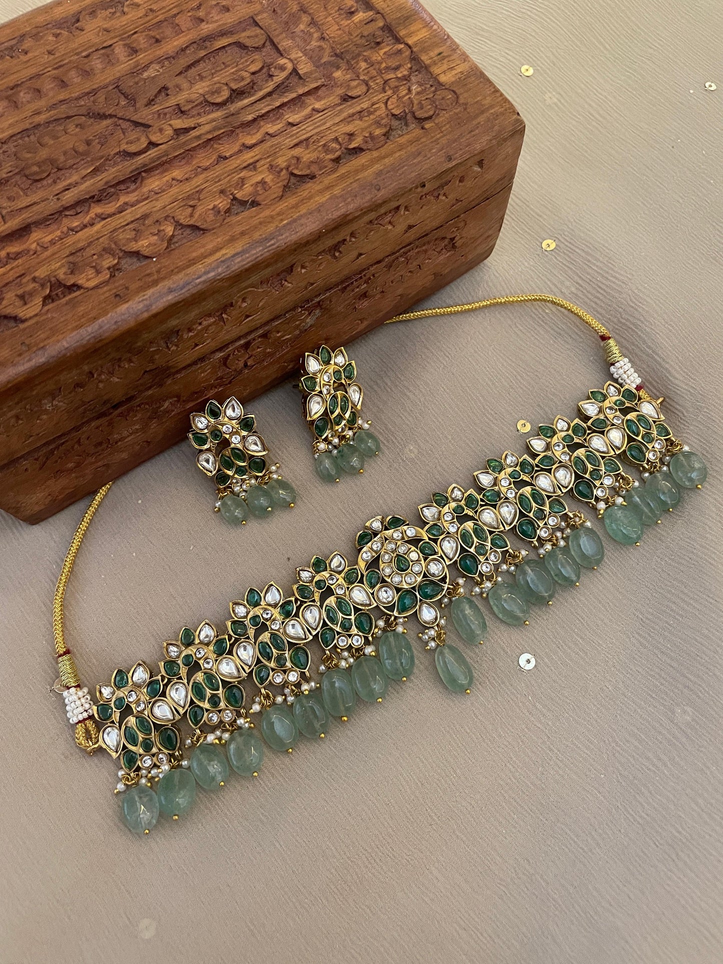Pre Order – Maheep Polki Necklace Set - Green
