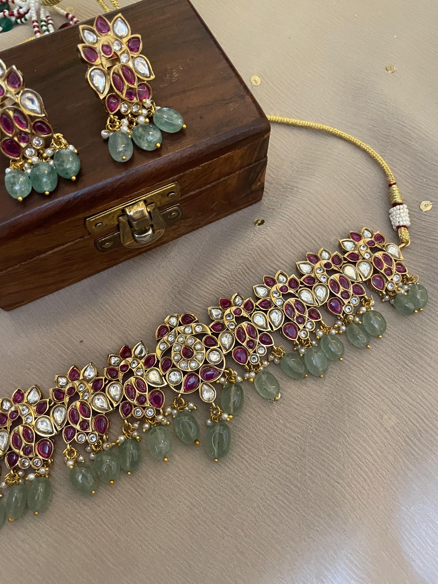 Pre Order – Maheep Polki Necklace Set - Pink