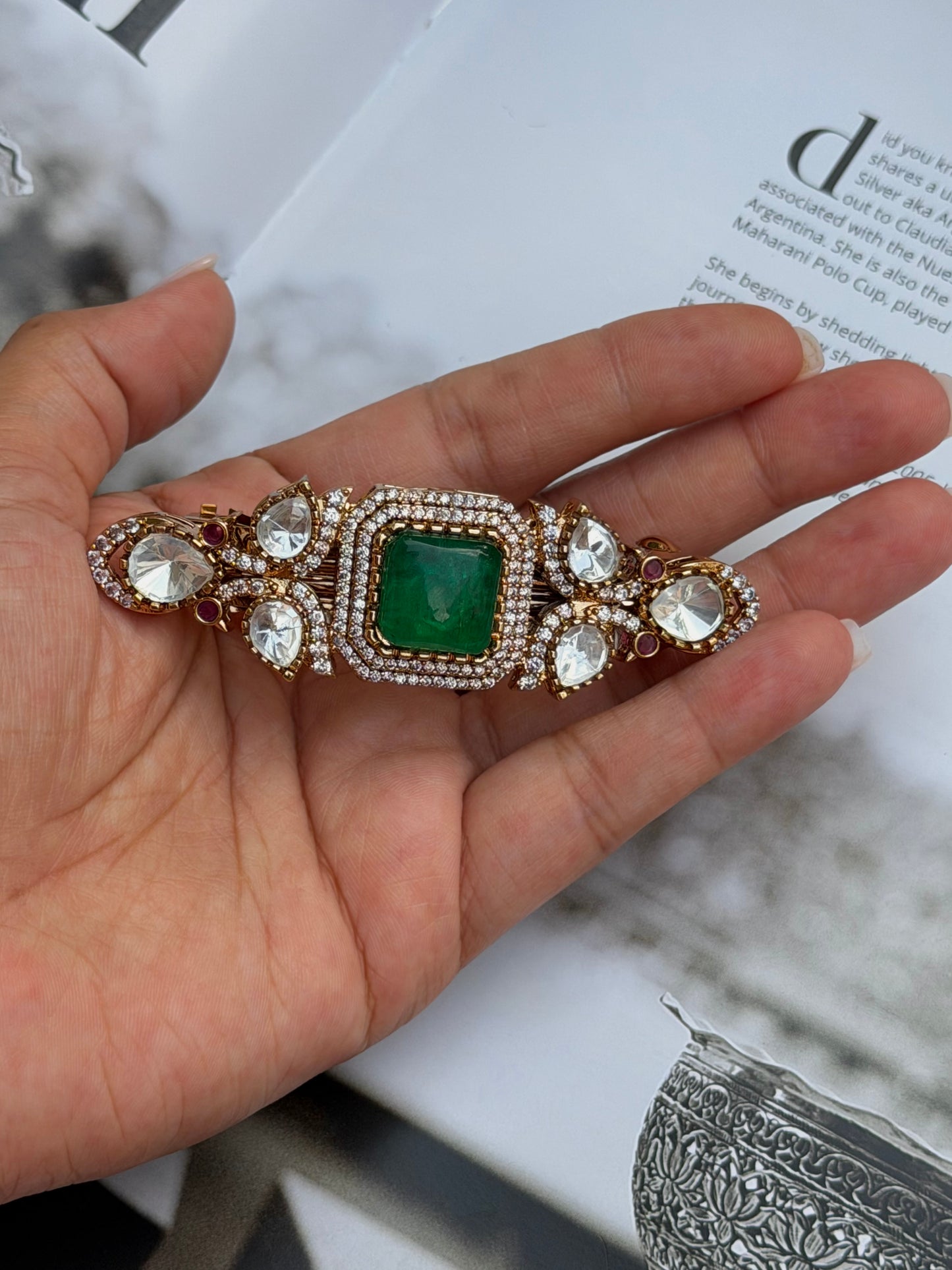 Yamini Kundan Green Hair Clip for Women