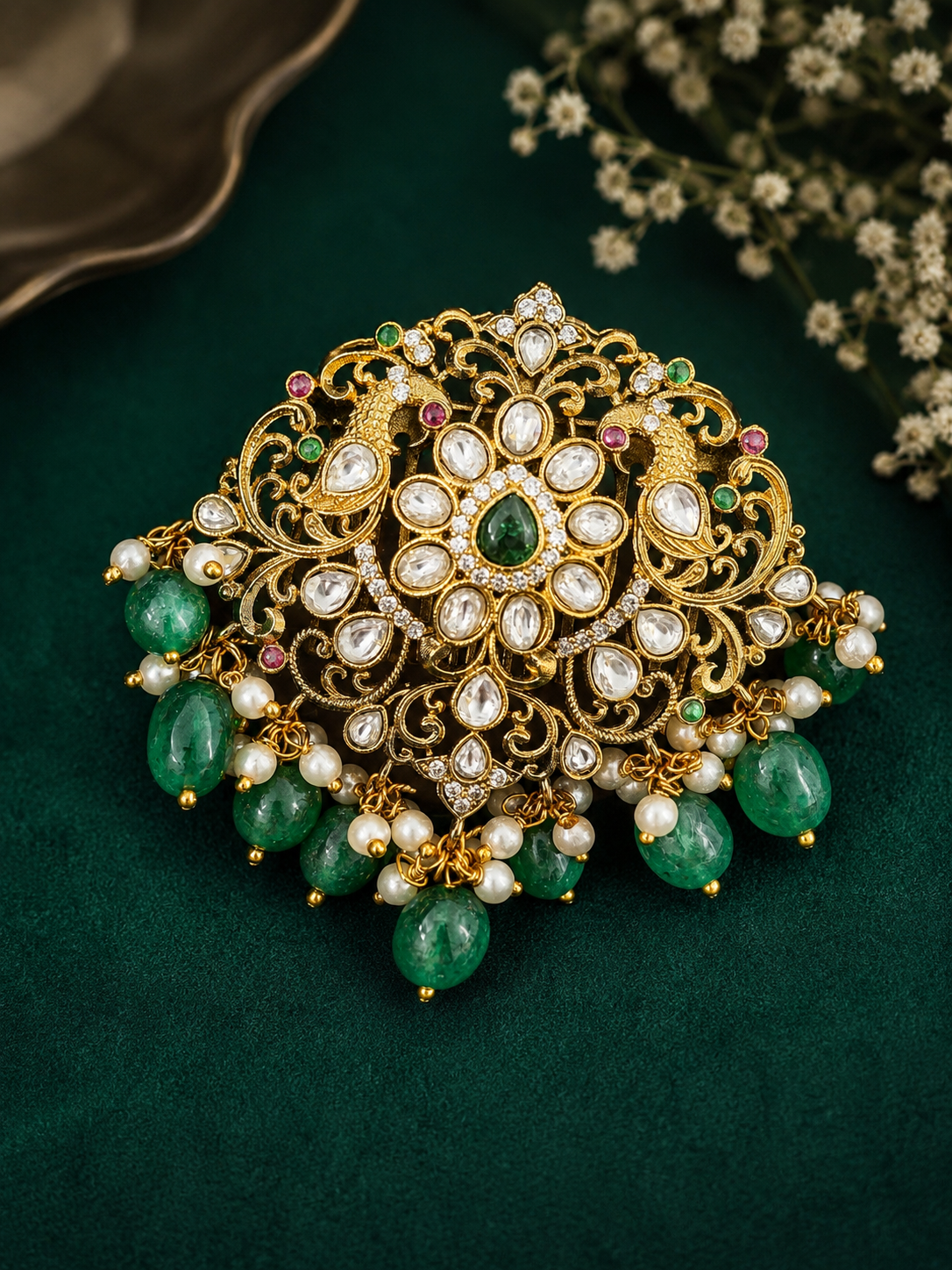 Asvi Emerald Polki Hair Clip for Festive wear
