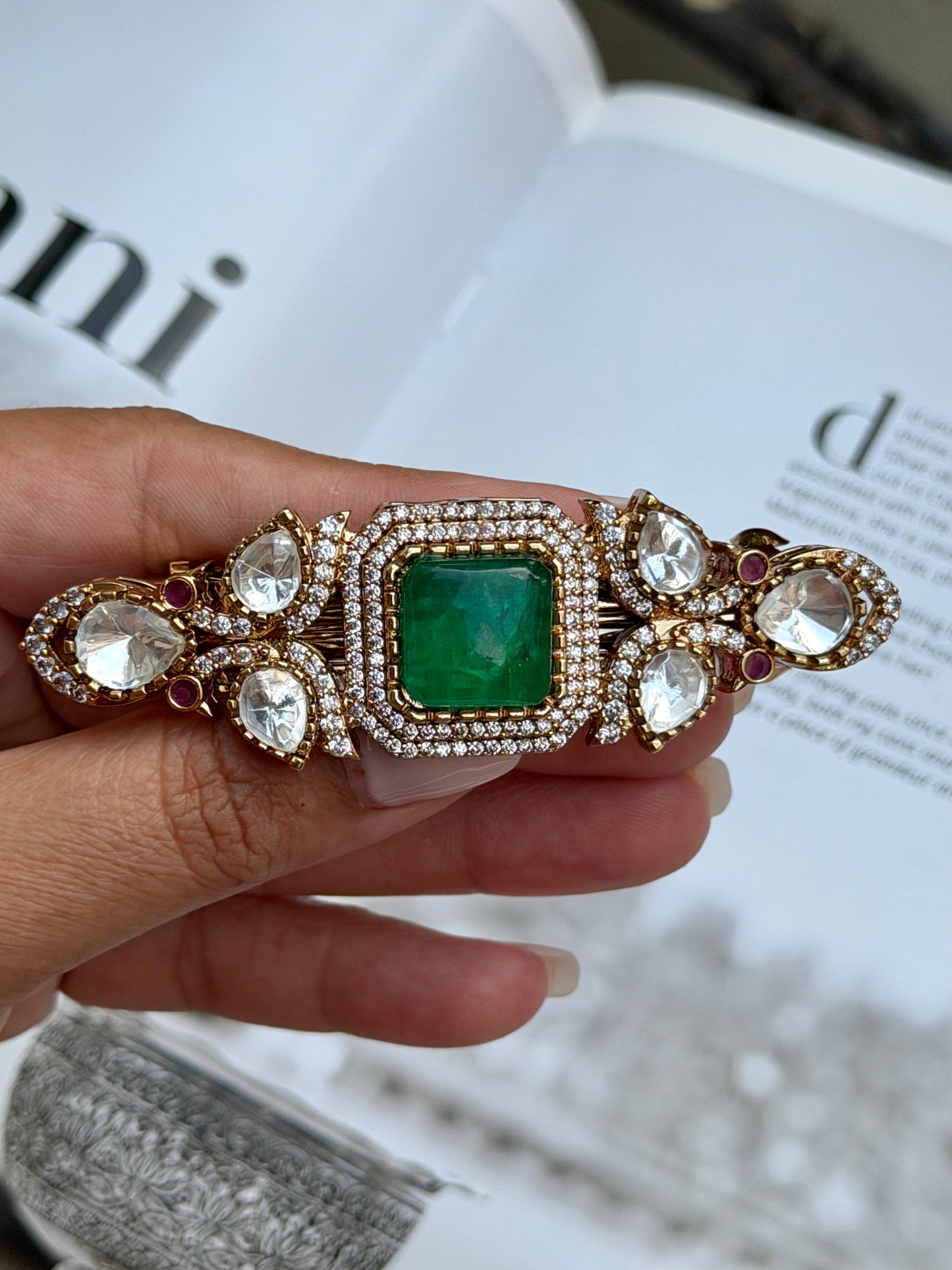 Yamini Kundan Green Hair Clip for Women