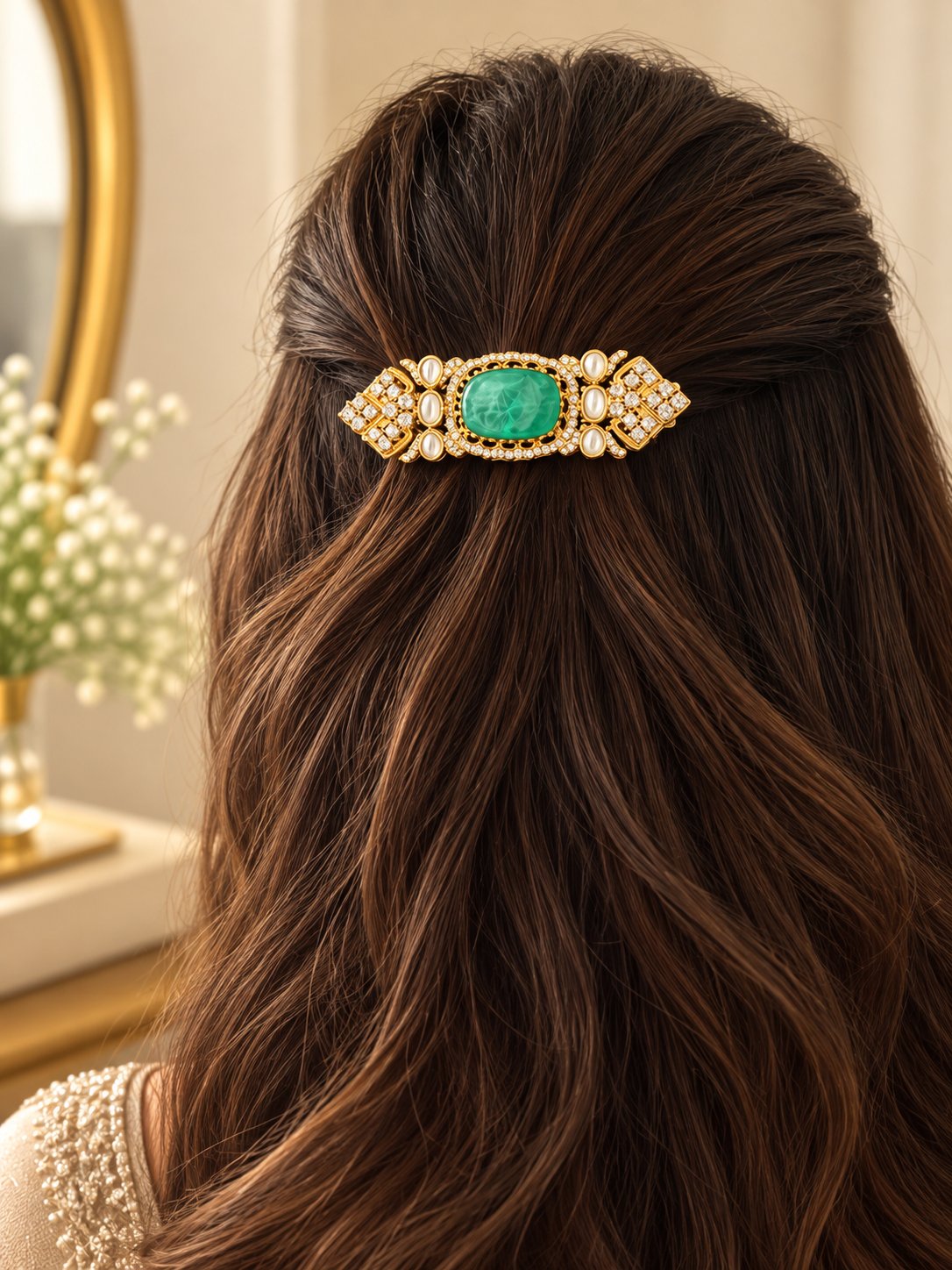 Milaap Mint Green Kundan Polki Hairclip