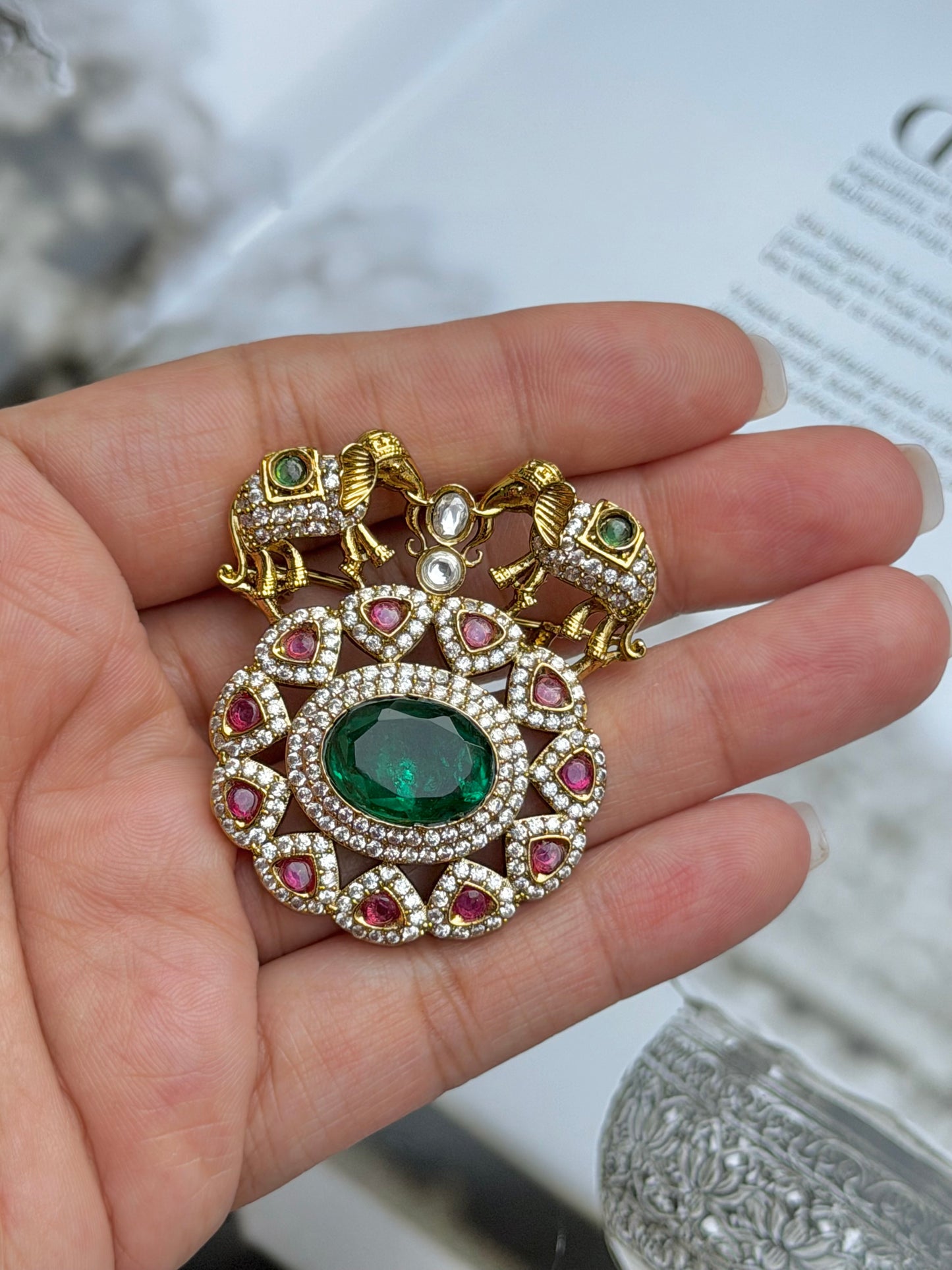 Mitra Mens Zircon Emerald Brooch for Festive Wear