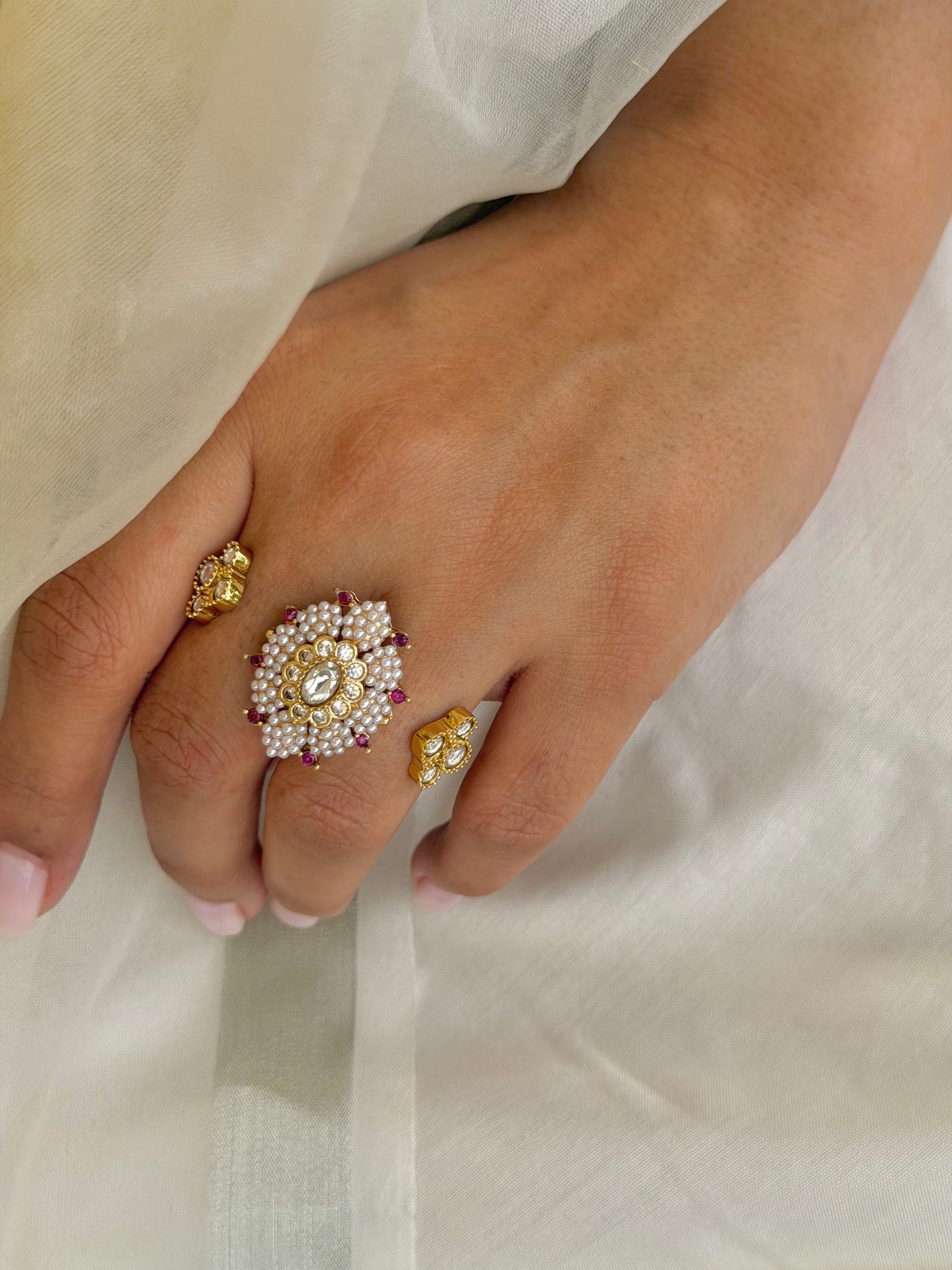 Amreen Ruby Pearl & Kundan Double Finger Adjustable Ring