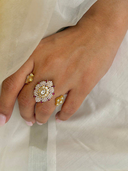 Amreen Ruby Pearl & Kundan Double Finger Adjustable Ring