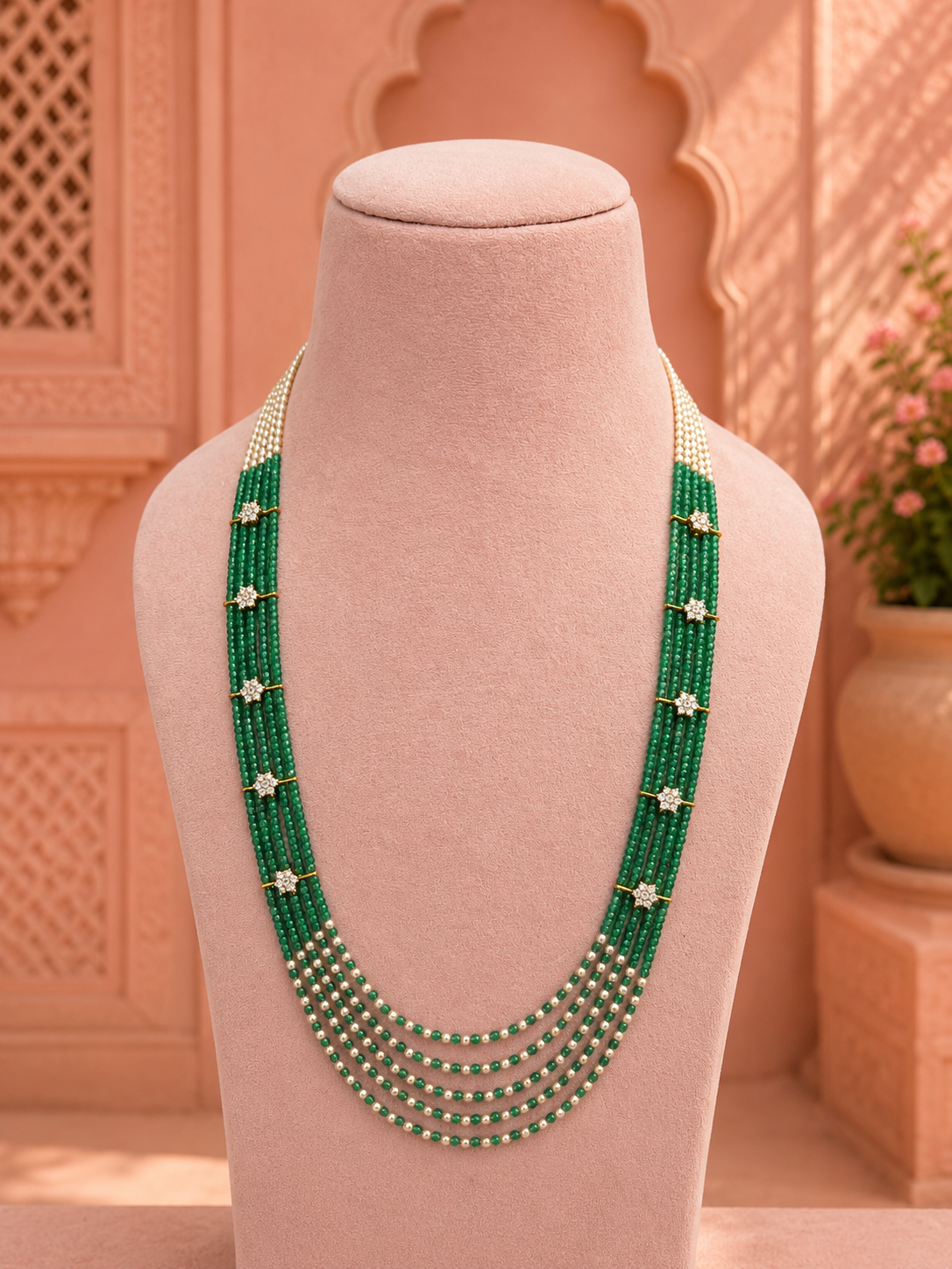 Ankura Long Bead Pearl & Amercian Diamond Mala Necklace Necklace for Women for Festive and Bridal Wear