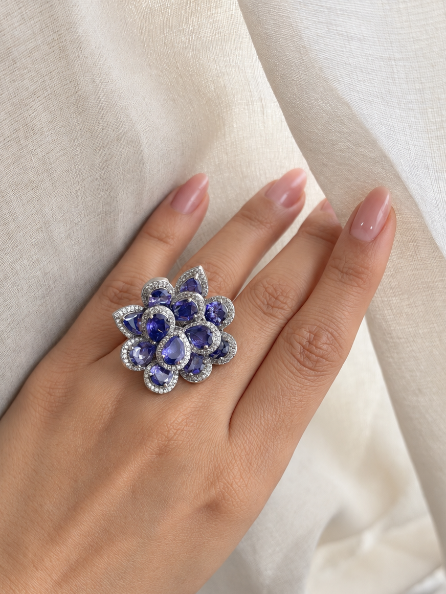 Sanya Floral Amethyst and Zircon Adjustable Imitation Ring