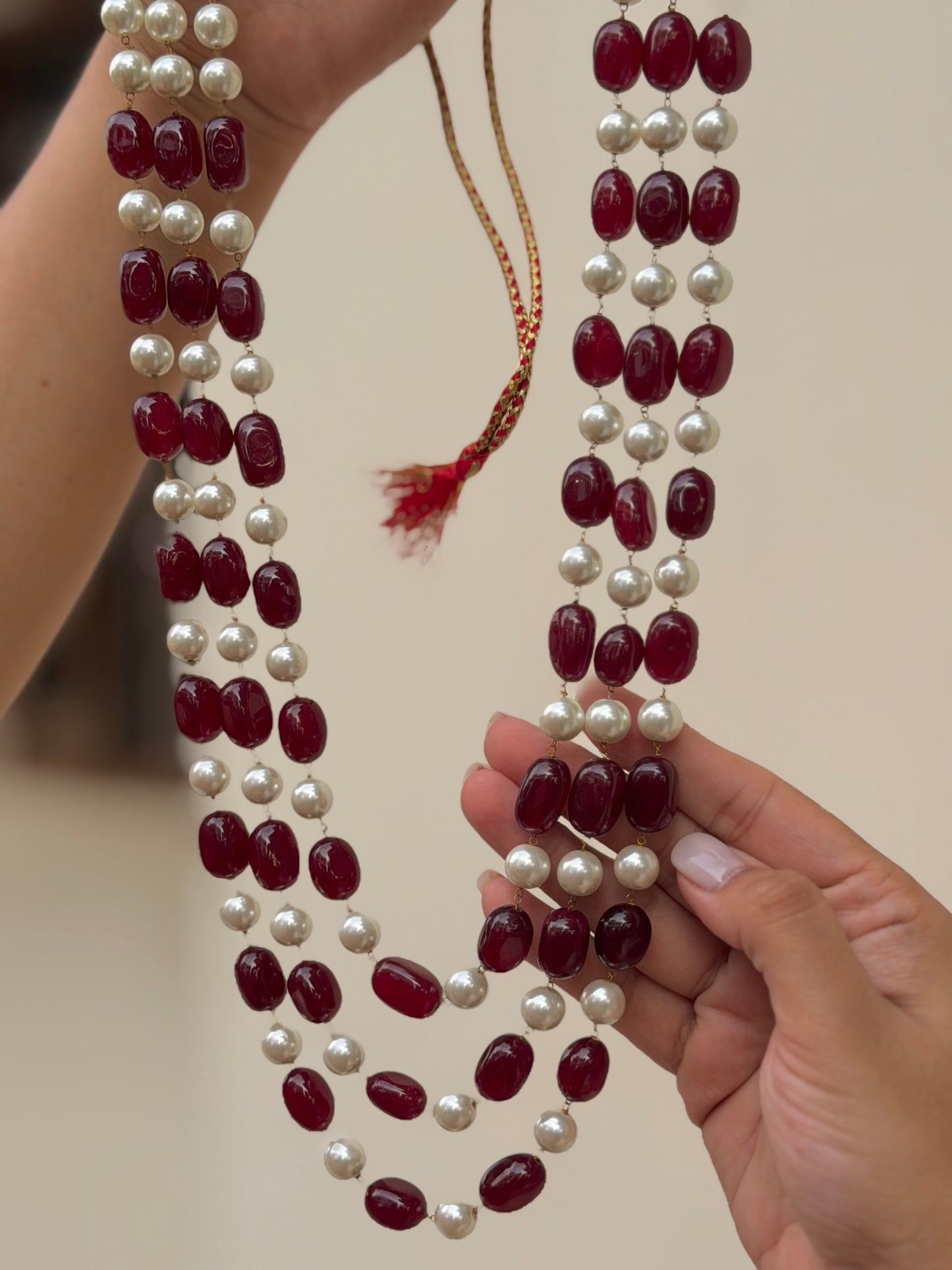 Swastik Red Onyx and Pearl Mala Necklace