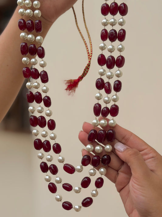 Swastik Red Onyx and Pearl Mala Necklace