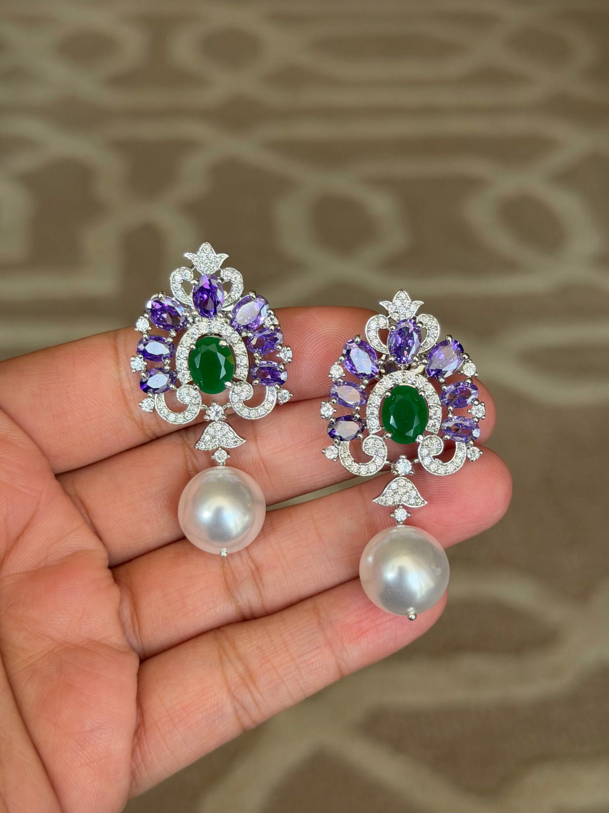 Parnika Amethyst & Emerald Zircon Real Gold Look Earrings