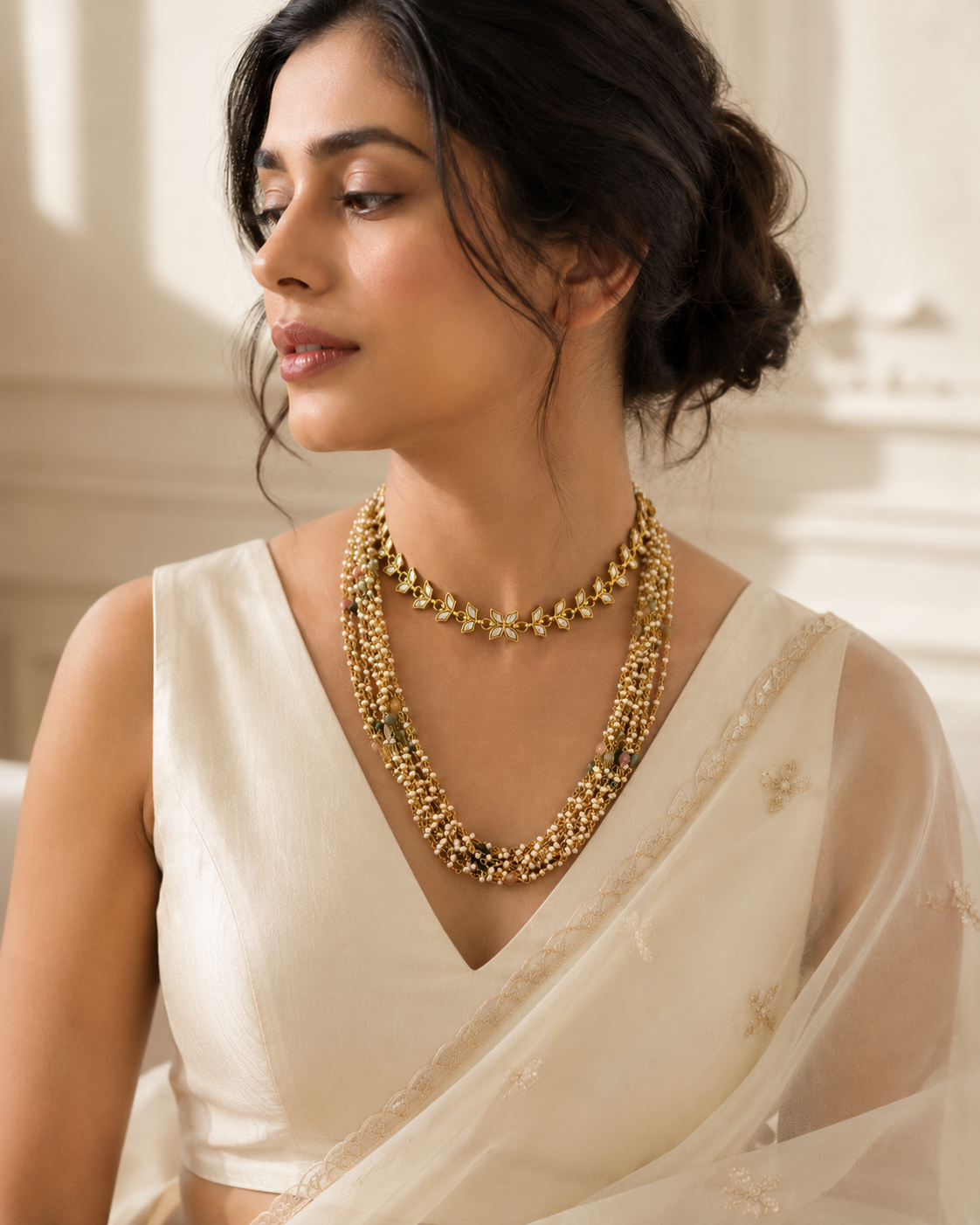 Afreen Real Pearl Mala with Real Tourmalines - Only Mala, all stones are real, slight colour difference might persist.