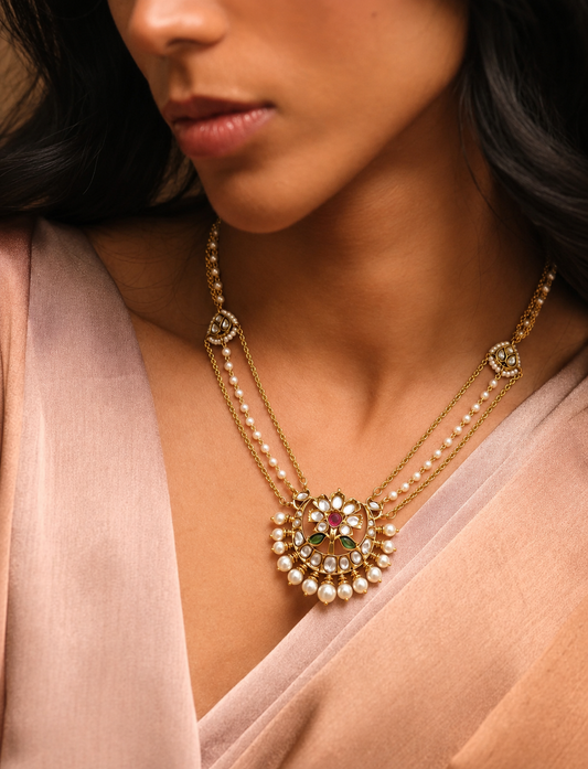 Kanchi Long Kundan Floral Necklace for Women