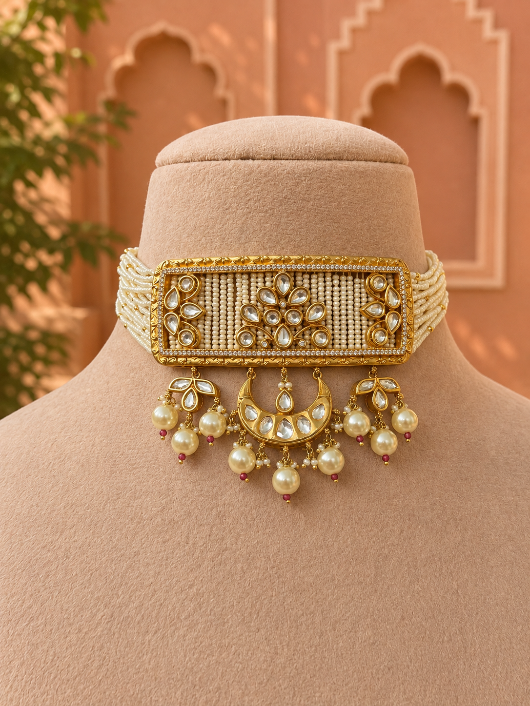 Samina Kundan Pearl Choker Aad Necklace Set