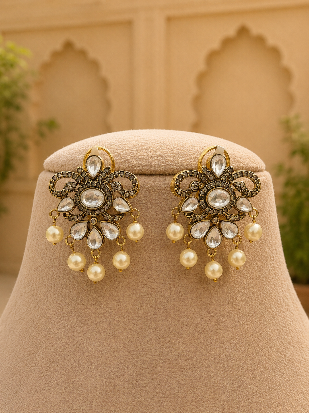 Tarang Long Kundan Pearl Green Necklace Set
